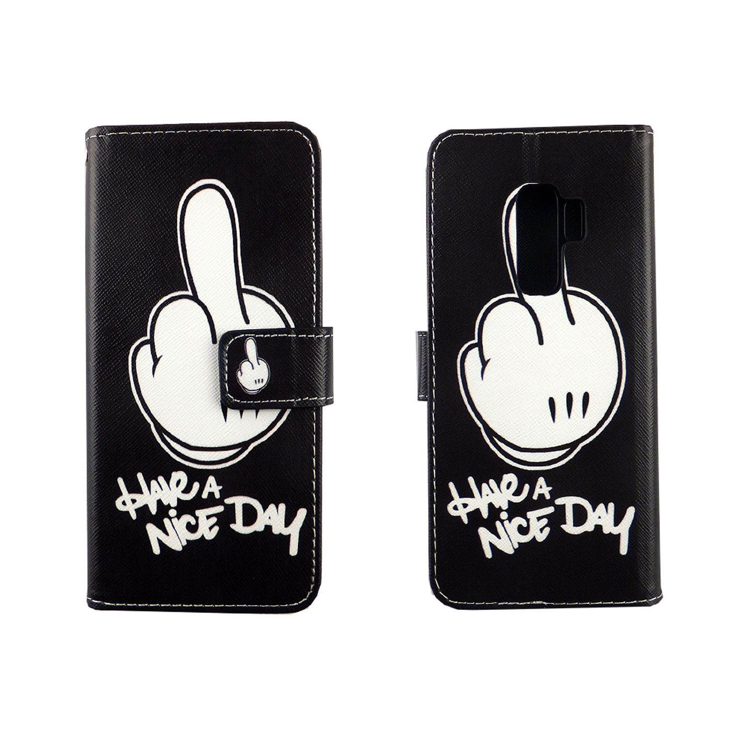 Schwarze Handyhülle mit Mittelfinger-Cartoon. Text: "Have a nice day". Zwei Ansichten der Hülle.