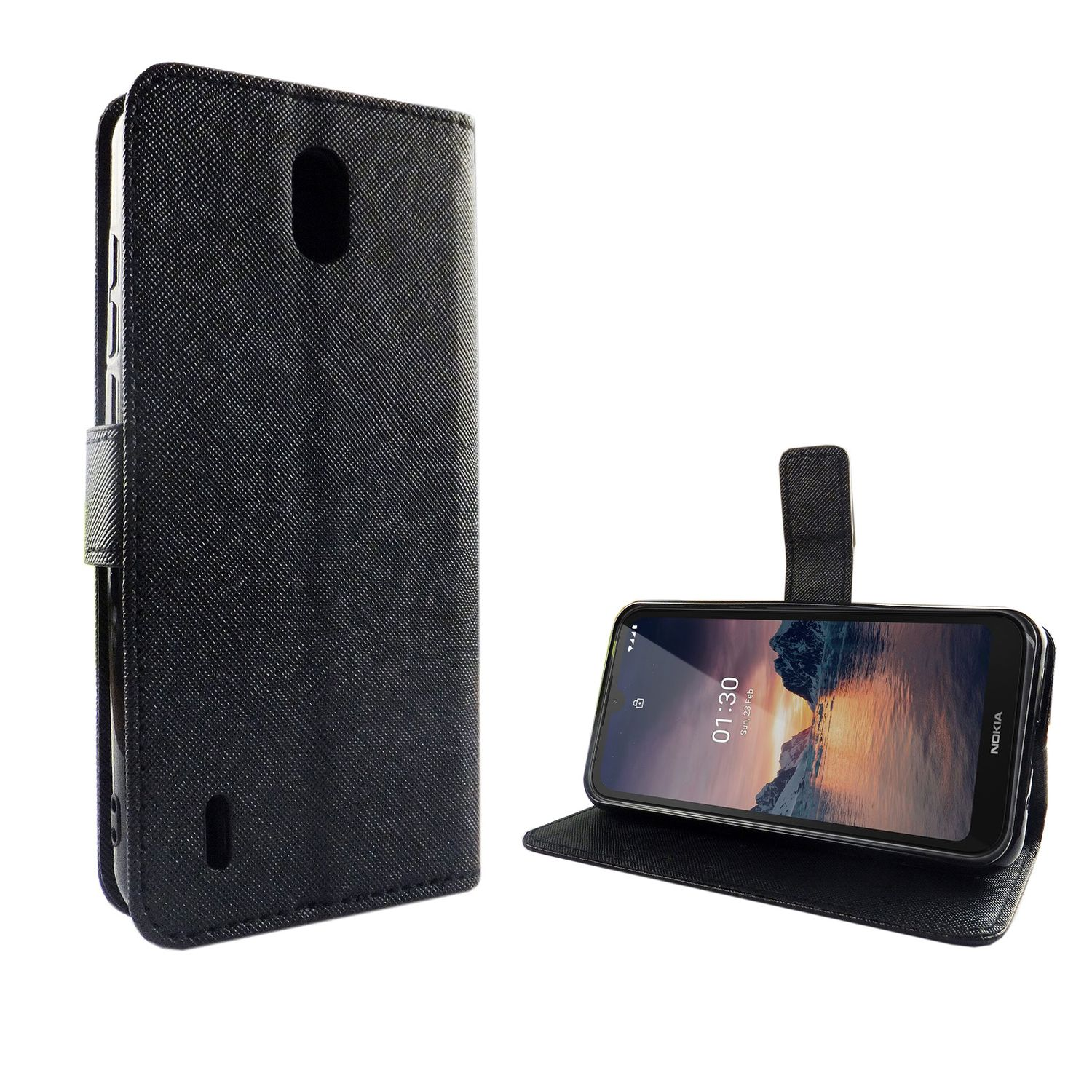 Schwarzes Telefon in offener schwarzer Hülle. Schwarz strukturierte Hülle auf weißem Hintergrund.
