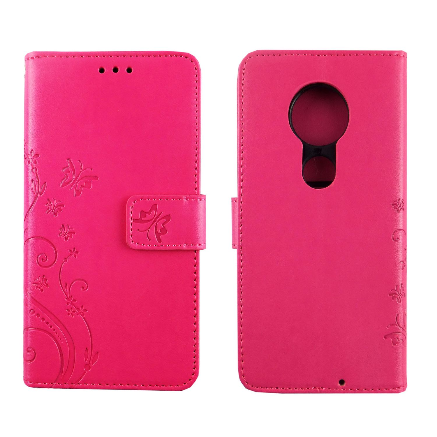 Eine pinkfarbene Brieftaschenhülle mit Blumendetails. Die Hülle ist geschlossen.