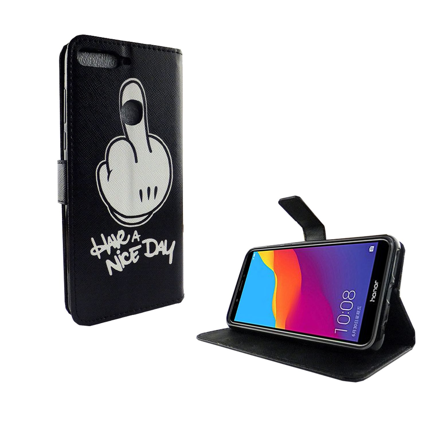 Schwarze Handyhülle mit Cartoon-Design, Telefon darin. Weißer Hintergrund.
