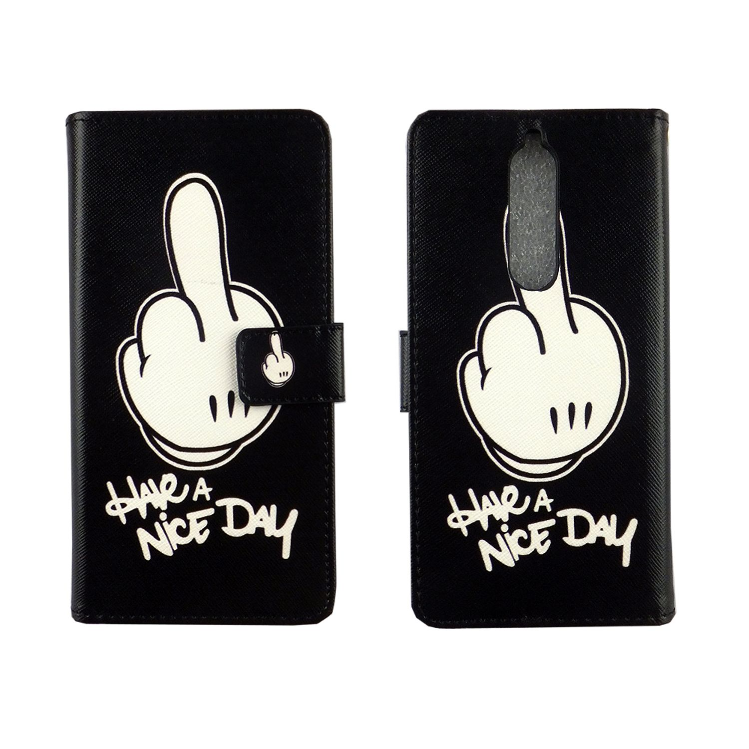 Schwarze Handyhülle mit Mittelfinger-Design, weißer Hintergrund.