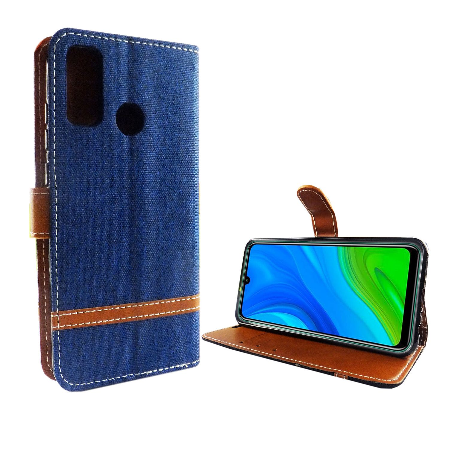 Blaue Handyhülle mit braunem Besatz. Telefonbildschirm sichtbar. Weißer Hintergrund.