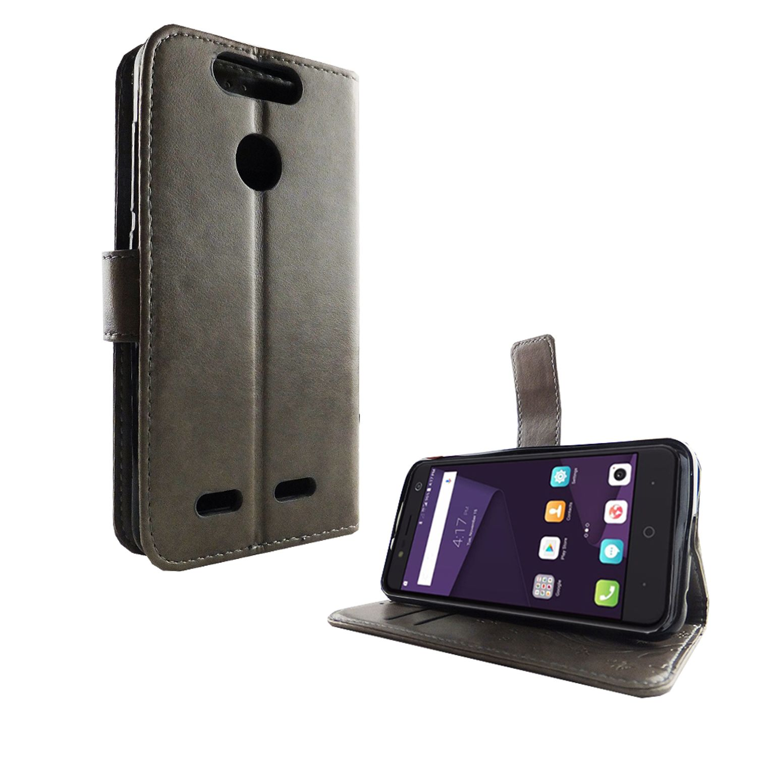 Graue Handyhülle mit Telefon darin, wie ein Buch aufgebaut. Weißer Hintergrund.