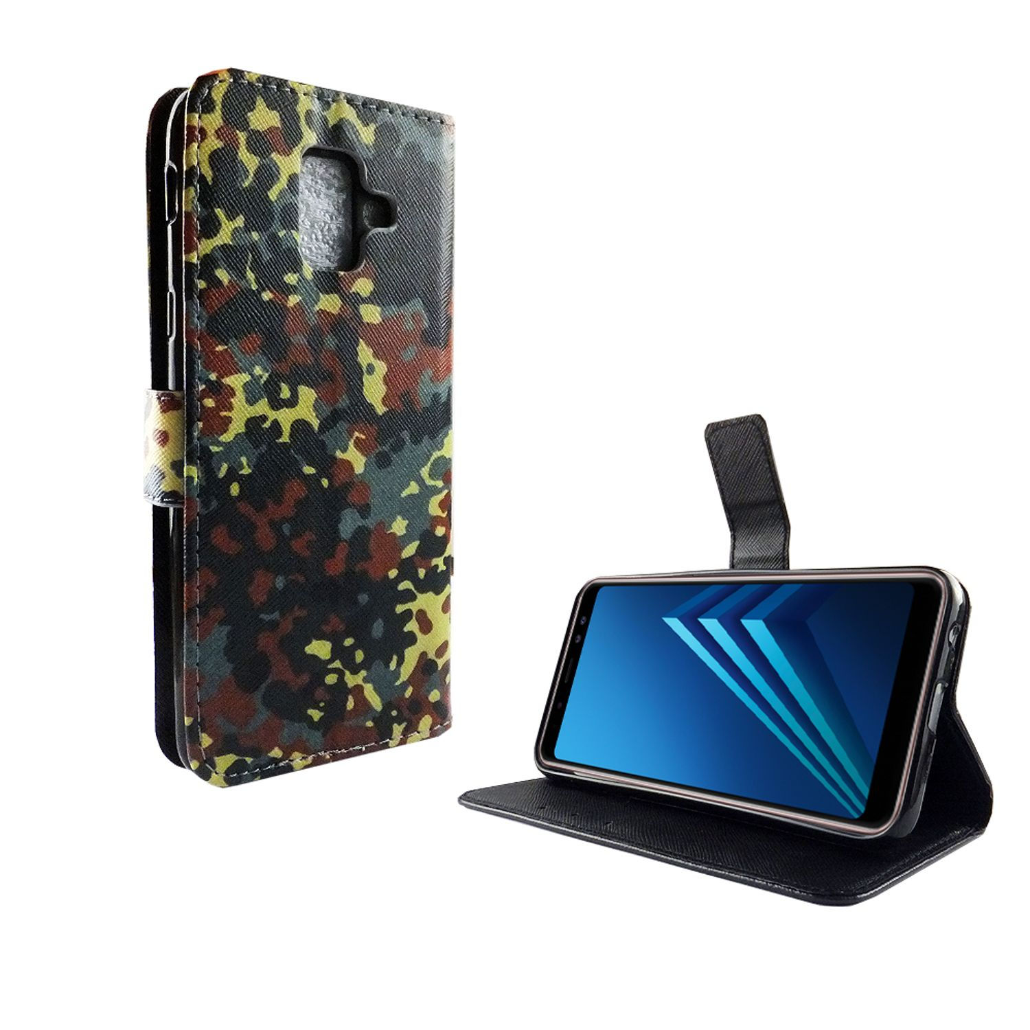 Camouflage-Handyhülle offen. Telefon mit blauem Bildschirm.