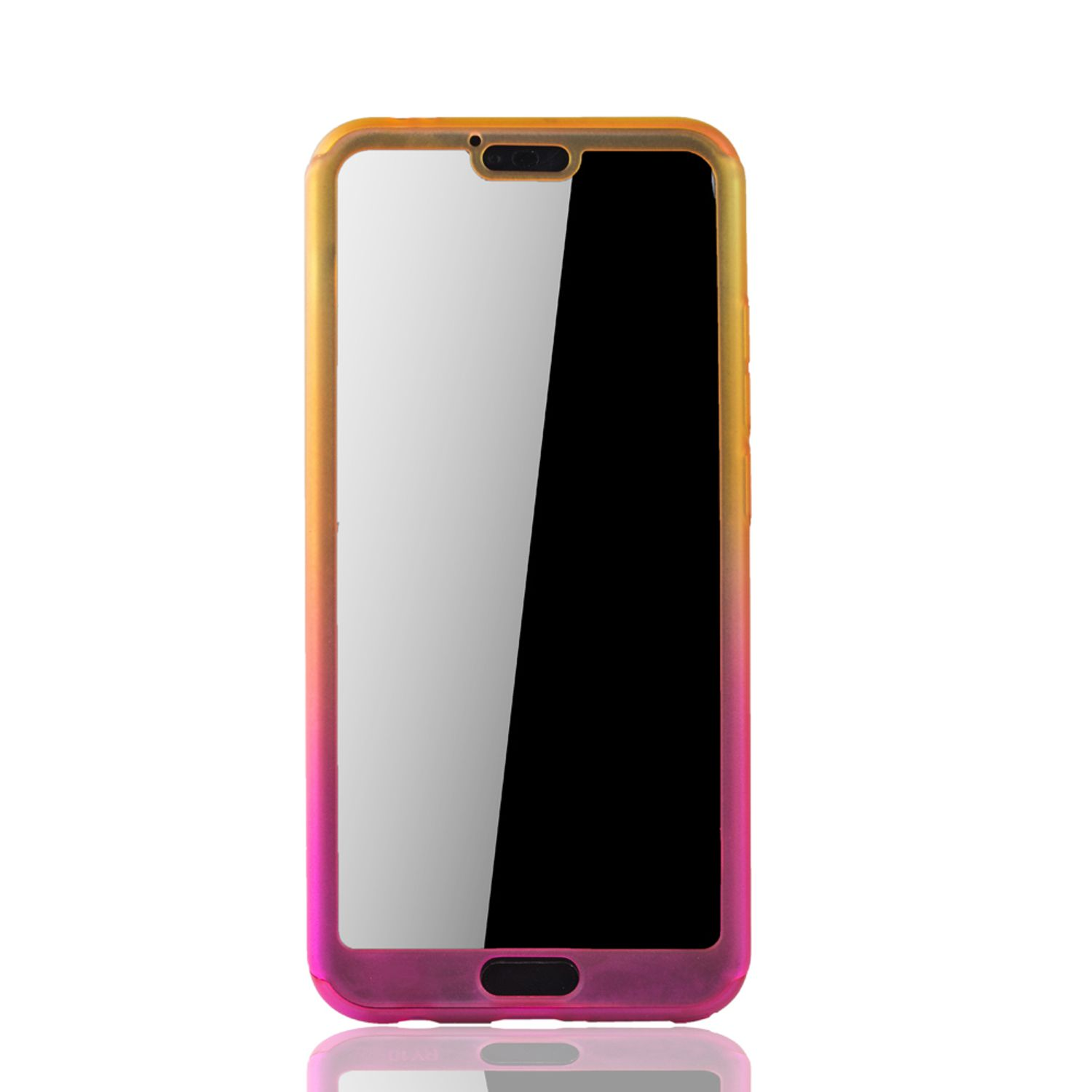 Telefon mit pinkfarbenem, orangefarbenem und gelbem Gehäuse. Weißer Bildschirm. Weißer Hintergrund.