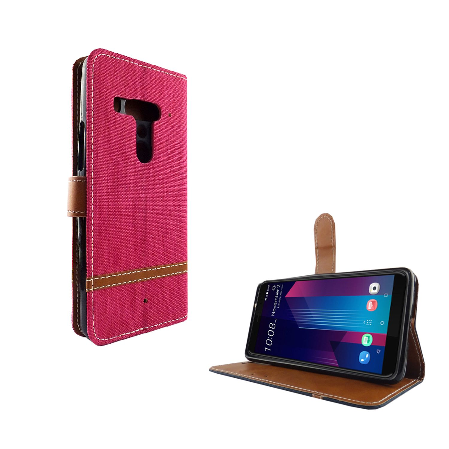 Telefon in rosa Hülle zeigt Datum und Uhrzeit an. Weißer Hintergrund.