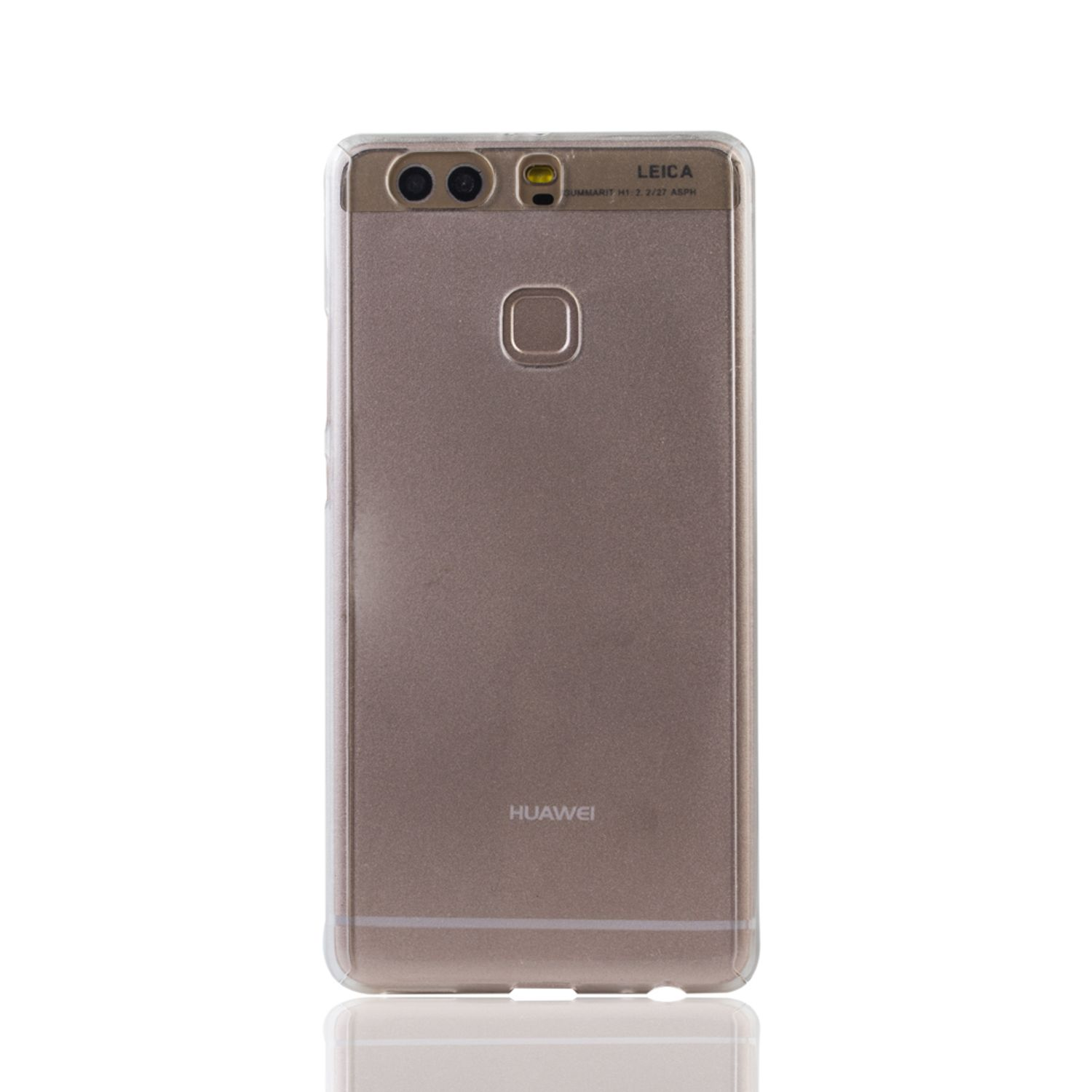 Goldenes Telefon mit klarer Hülle, Huawei-Logo und Leica-Branding auf weißem Grund.