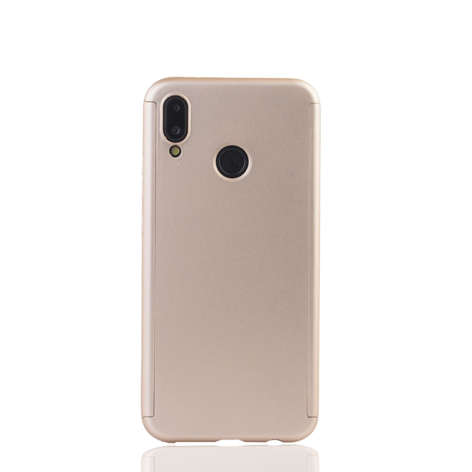 Goldene Handyhülle auf weißem Hintergrund. Kamera und Fingerabdrucksensor sichtbar.