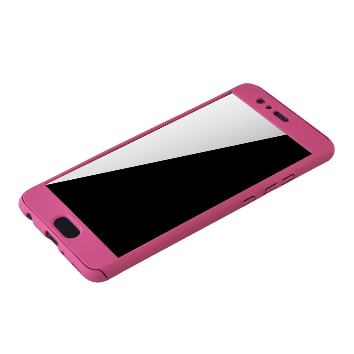 Rosa Handyhülle mit Telefon innen. Weißer Bildschirm. Weißer Hintergrund. Telefon ist angewinkelt.