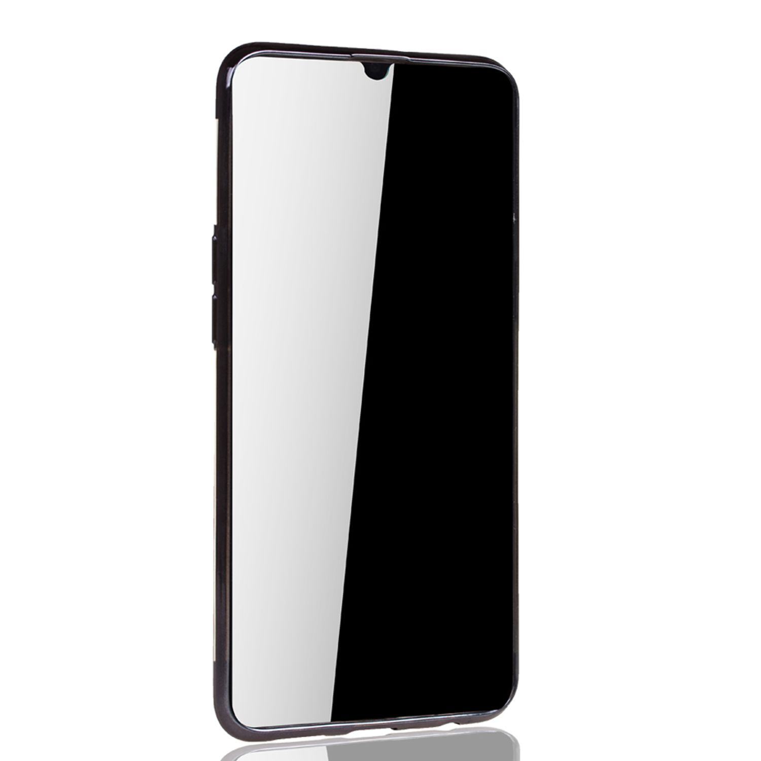 Ein schwarzes Telefon mit einem reflektierenden Bildschirm. Das Telefon befindet sich auf weißem Hintergrund.