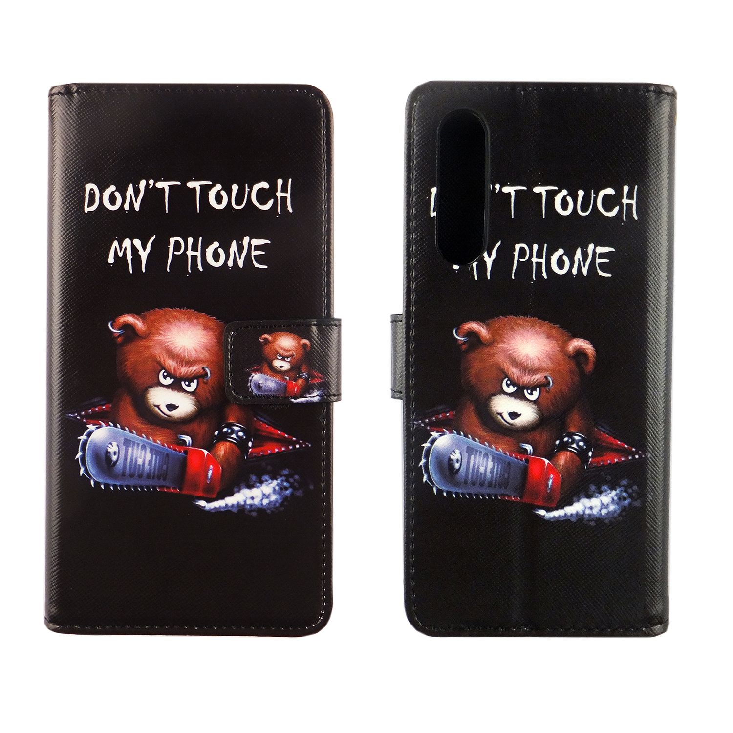 Schwarze Handyhülle mit Bären-Design. „DON'T TOUCH MY PHONE“ und Bär mit Kettensäge.