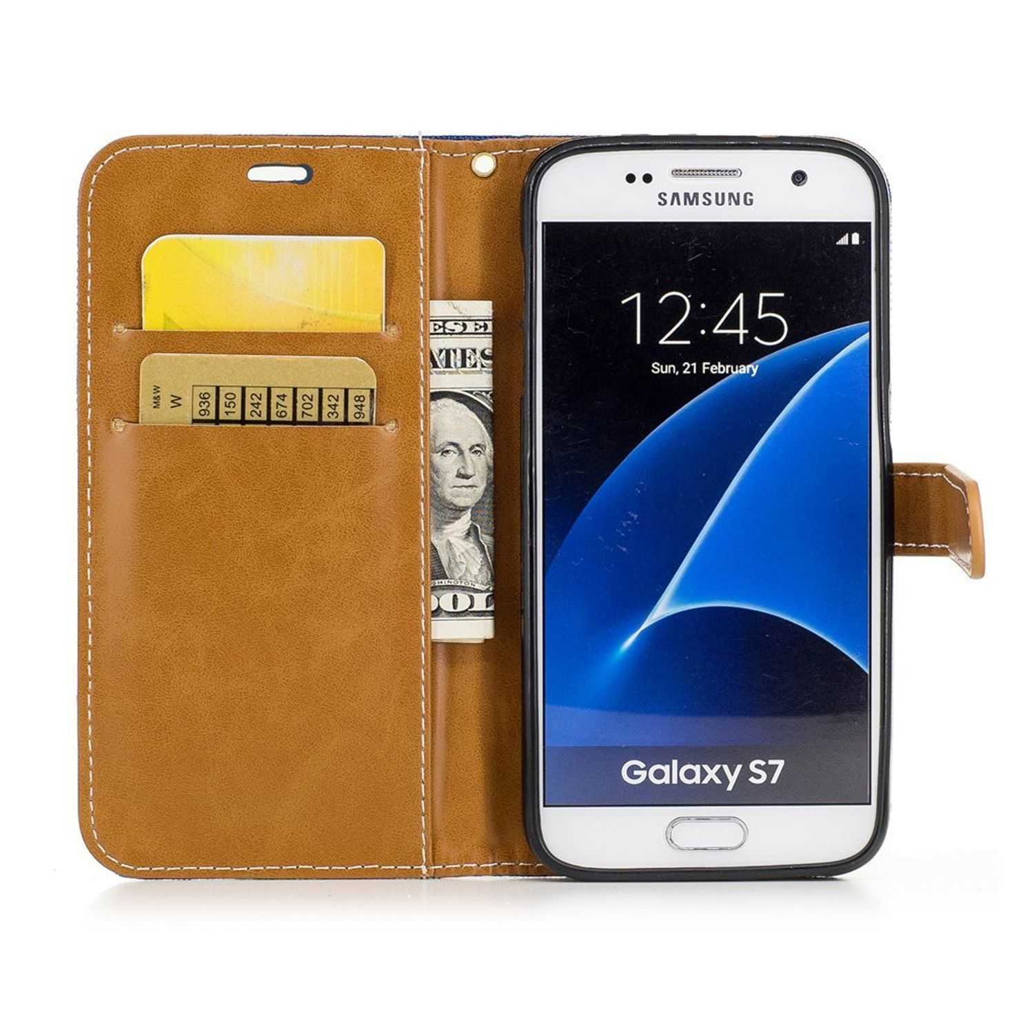 Telefon in brauner Brieftasche, zeigt die Uhrzeit und einen Dollarnoten.