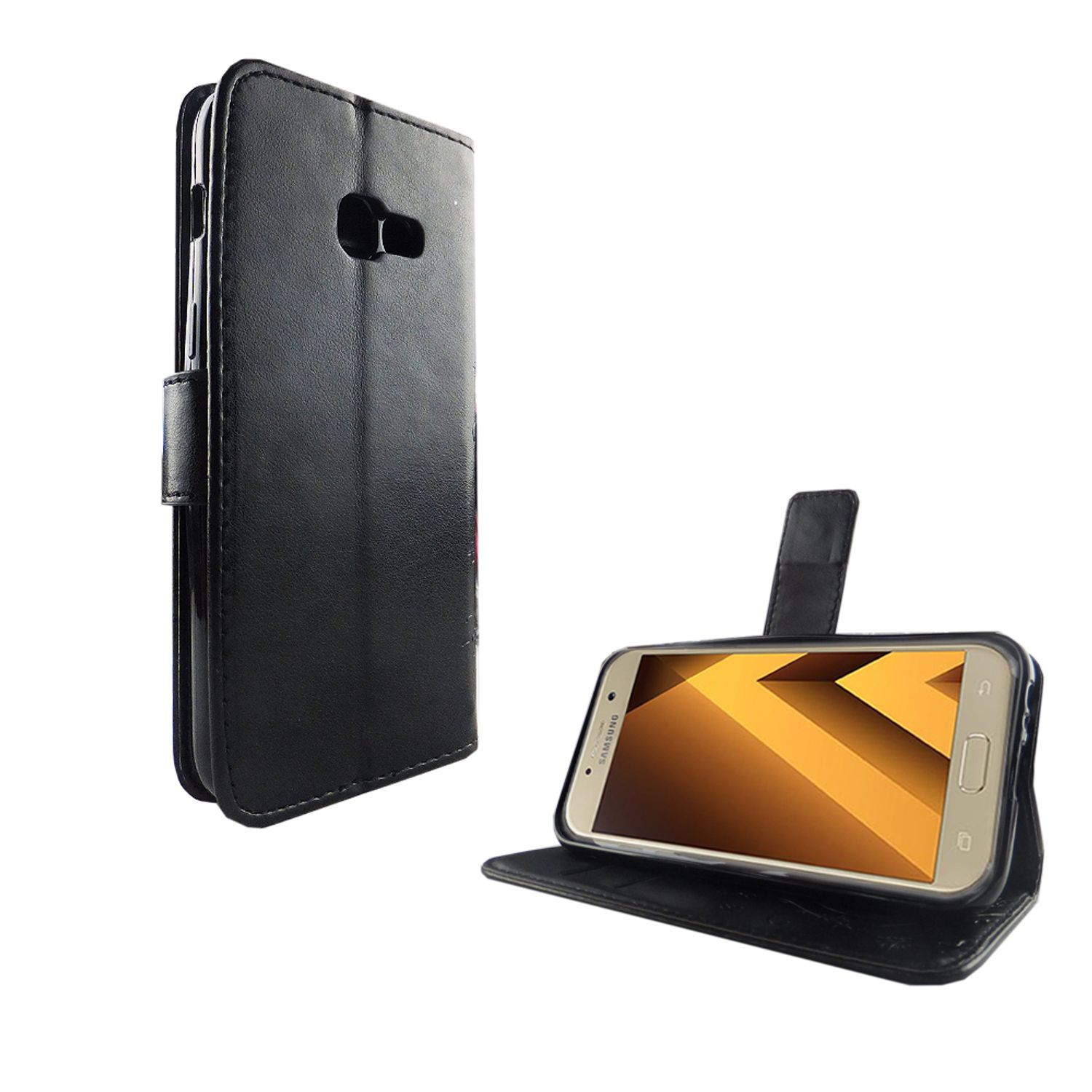 Schwarze Handyhülle, geöffnet, um ein goldenes Telefon zu zeigen. Auf der linken Seite ist eine schwarze Abdeckung zu sehen.