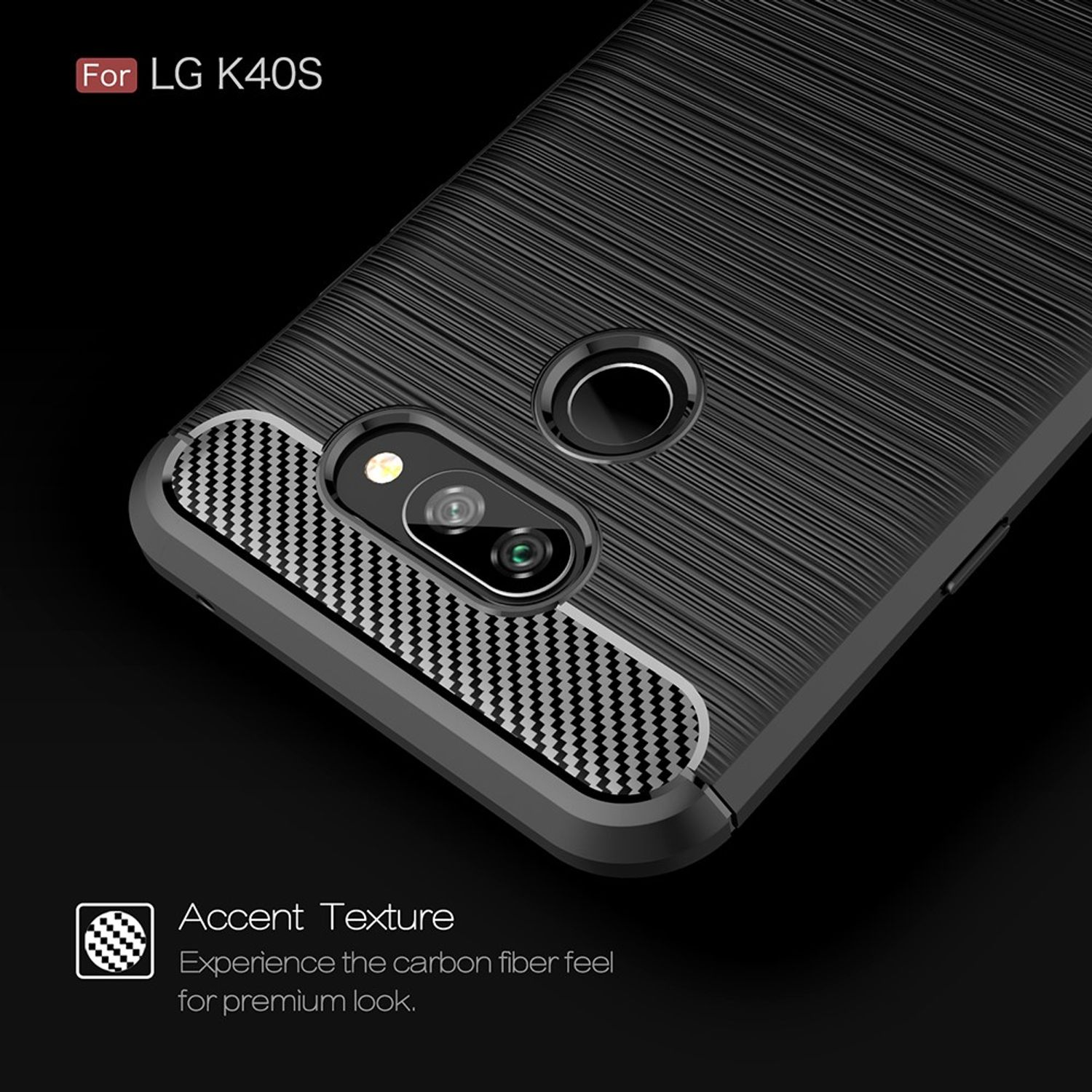 Schwarze Handyhülle mit Carbonfaser-Textur. Die Telefonkamera befindet sich in der Mitte. Schwarzer Hintergrund.