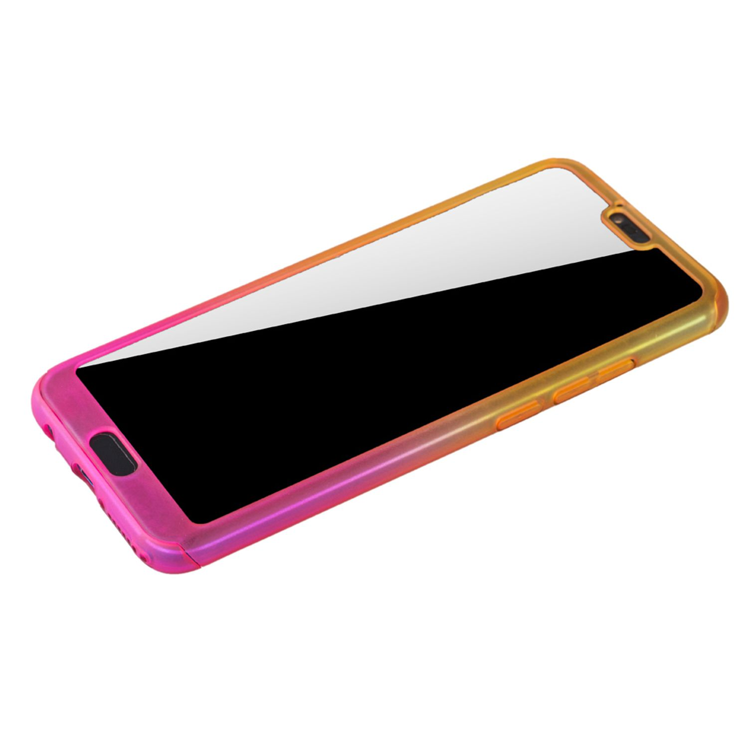 Rosa-gelbes Telefon. Schwarzer Bildschirm. Weißer Hintergrund.