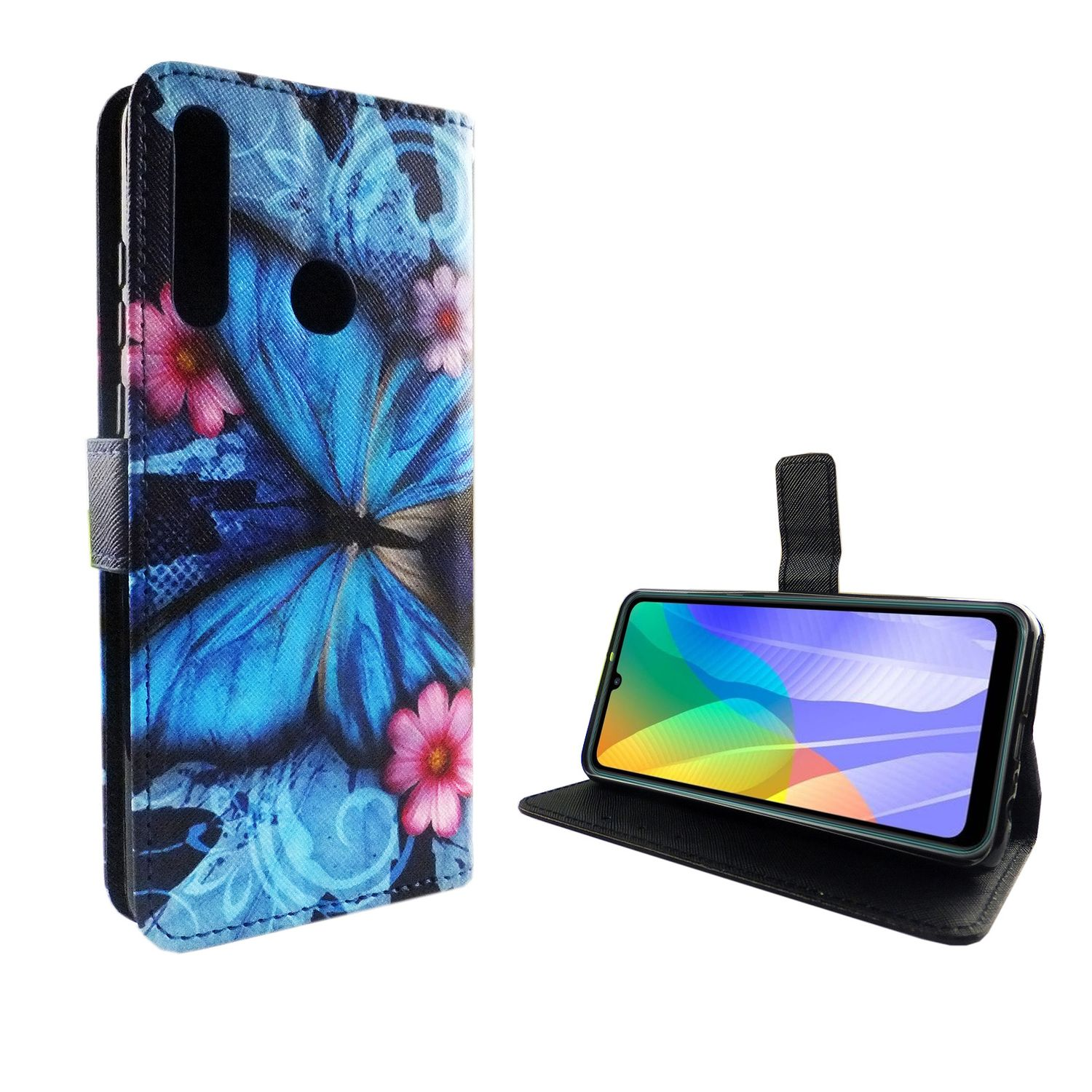 Geöffnete Handyhülle mit Telefon. Blaue Hülle mit rosa Blumen und Schmetterling.