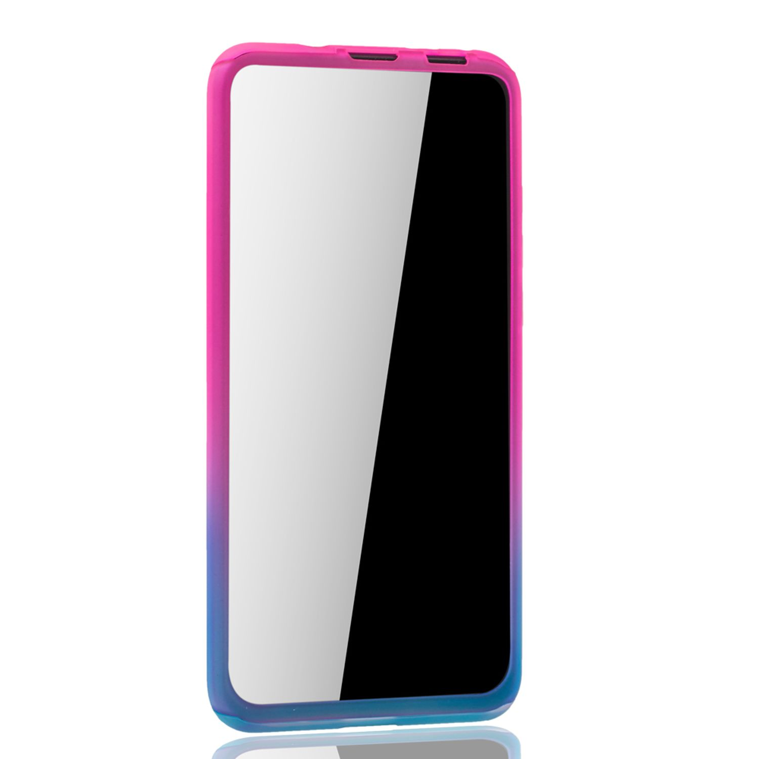 Telefon in einem rosa und blauen Gehäuse. Weißer Bildschirm. Reflexion. Weißer Hintergrund.