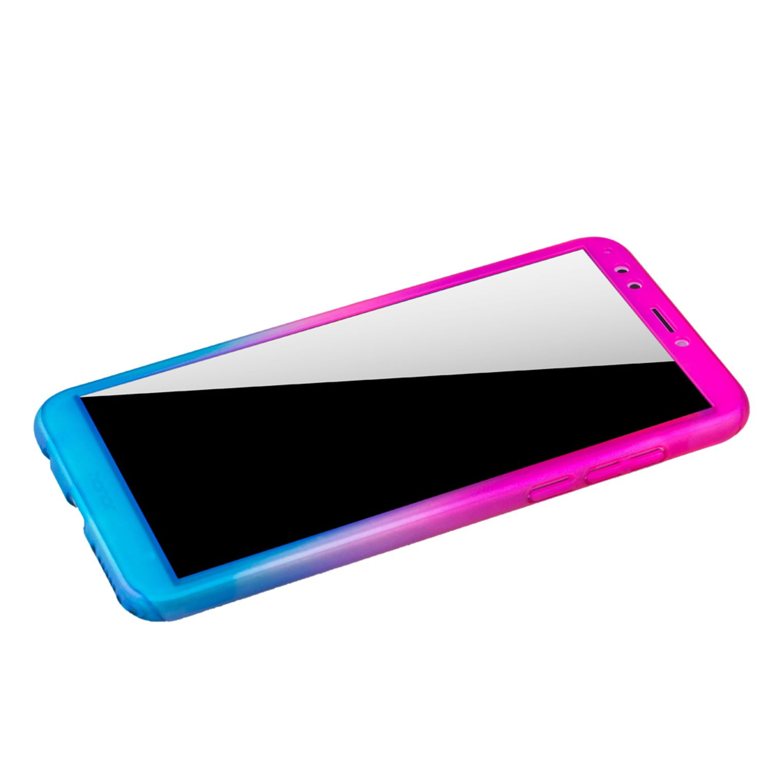 Ein Telefon in einer blau-rosa Hülle, der Bildschirm ist sichtbar.