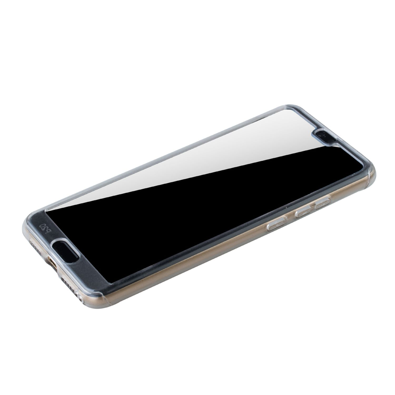 Ein angewinkeltes Telefon in einer Hülle, das Bildschirm und Hülle zeigt. Die Hülle ist transparent mit Goldkanten.