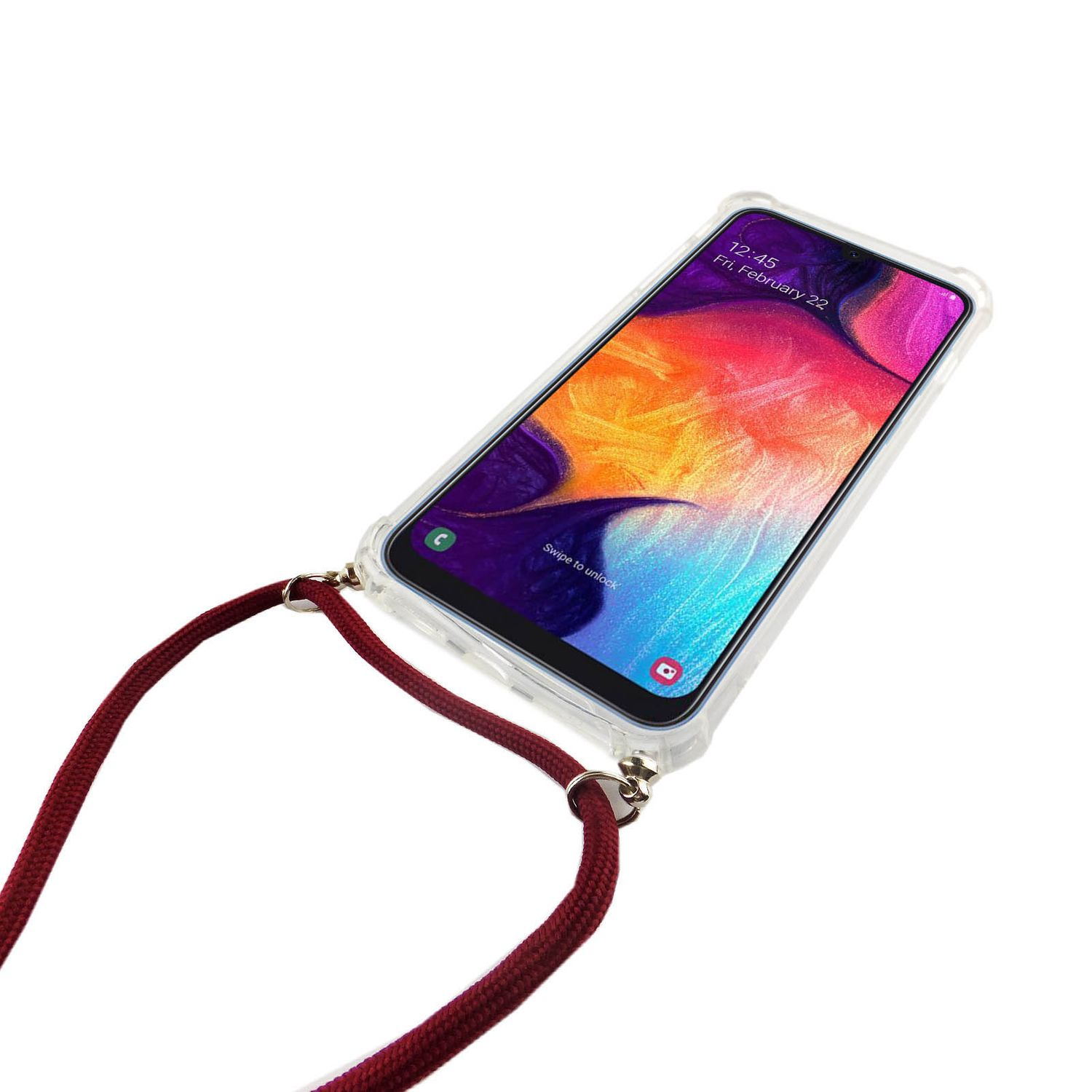 Ein Telefon in einer transparenten Hülle mit einem weinroten Band, das auf einer weißen Oberfläche liegt.