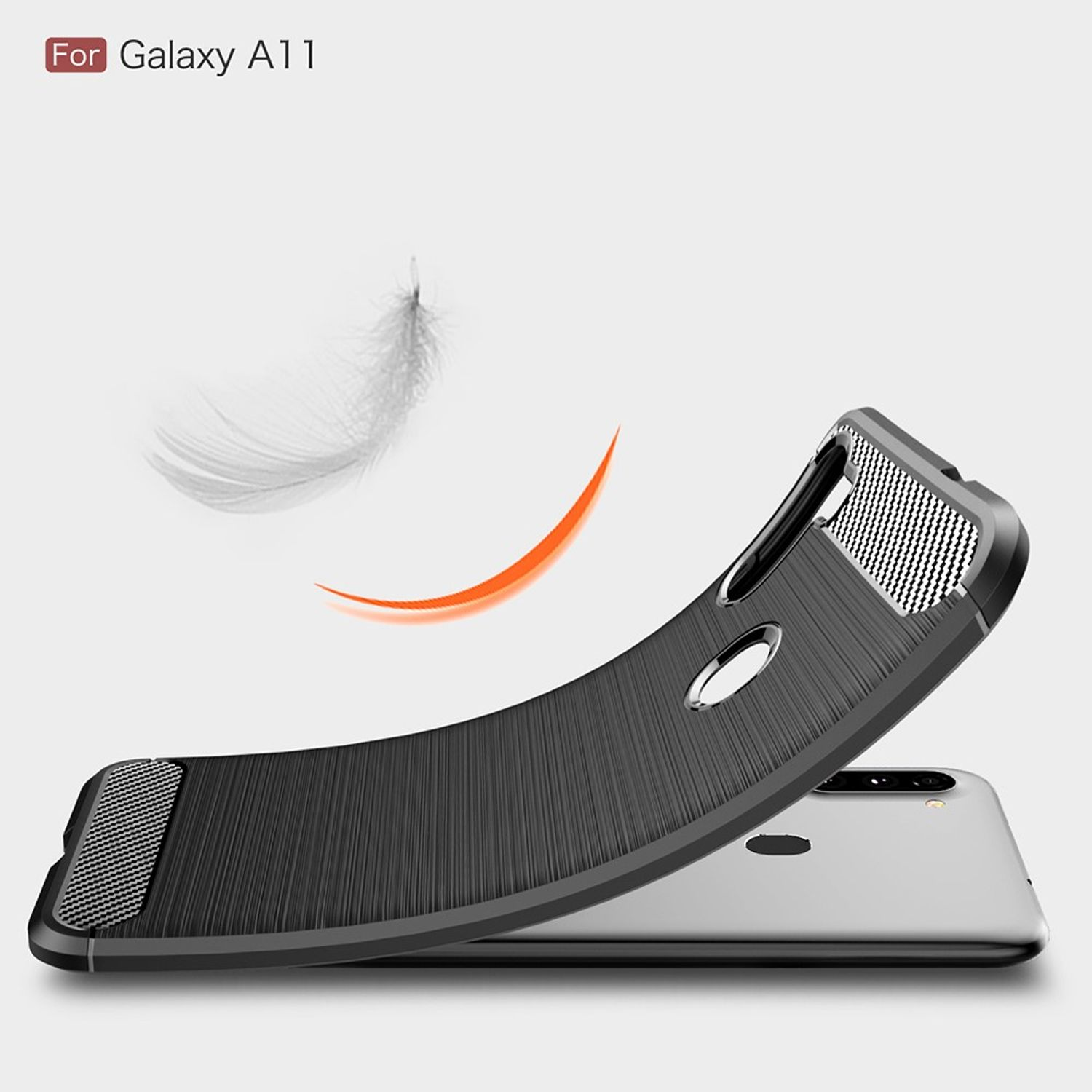 Schwarze Handyhülle mit geometrischem Muster. Text: 'For Galaxy A11'. Feder und geschwungene Linie.