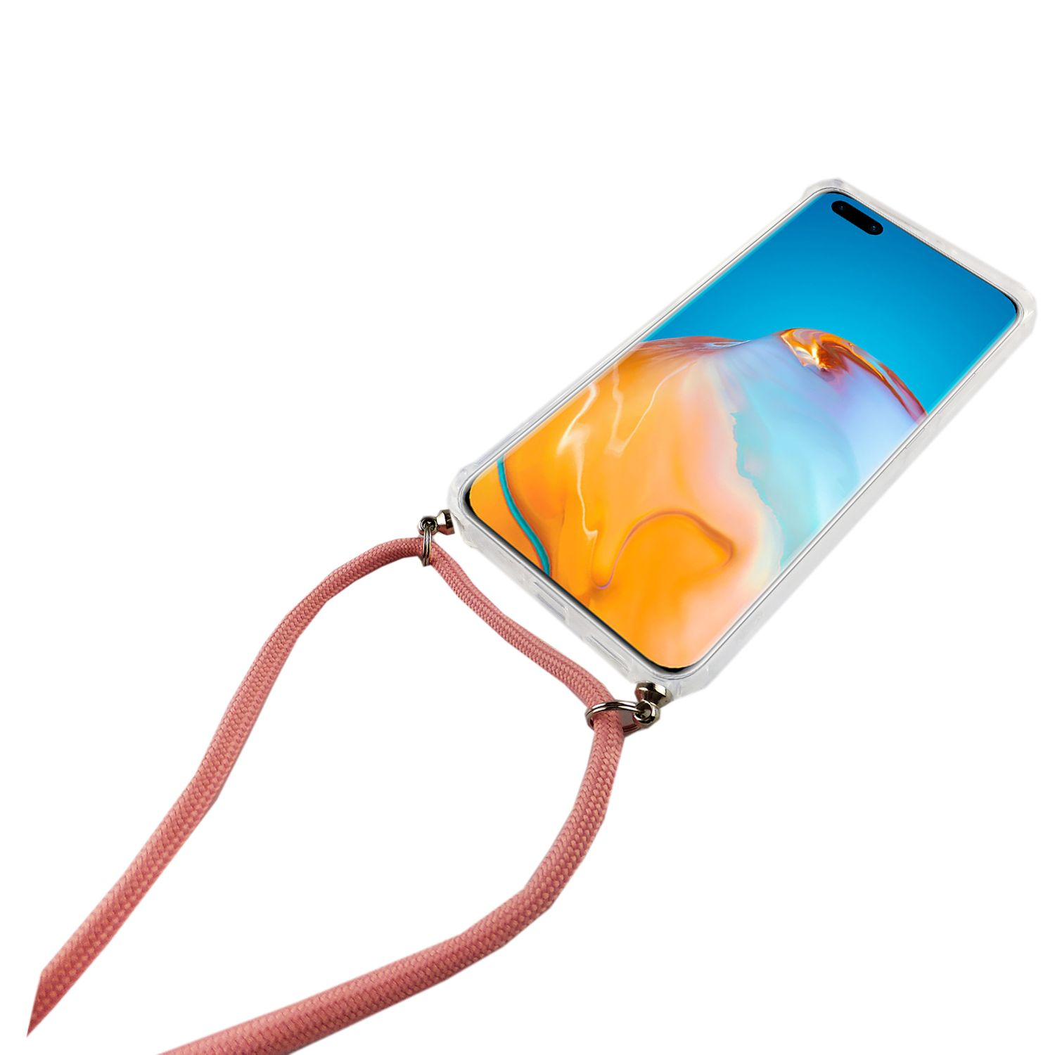 Ein Smartphone in einer transparenten Hülle, gehalten von einem rosa Band. Der Bildschirm zeigt ein Bild.