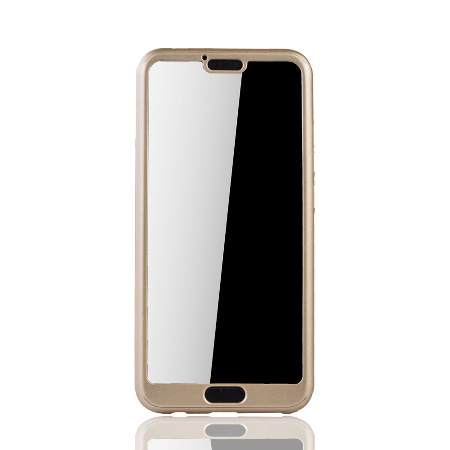Telefon mit schwarzem Bildschirm und goldenem Rahmen, schräg auf weißem Hintergrund, spiegelt die Oberfläche.
