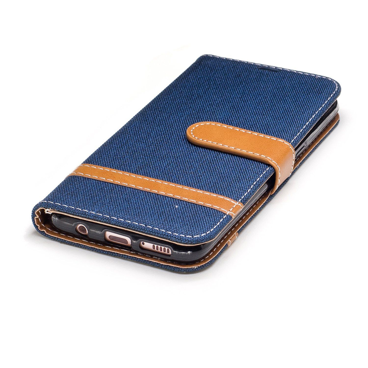 Blau-braune Handyhülle mit Denim-Textur.