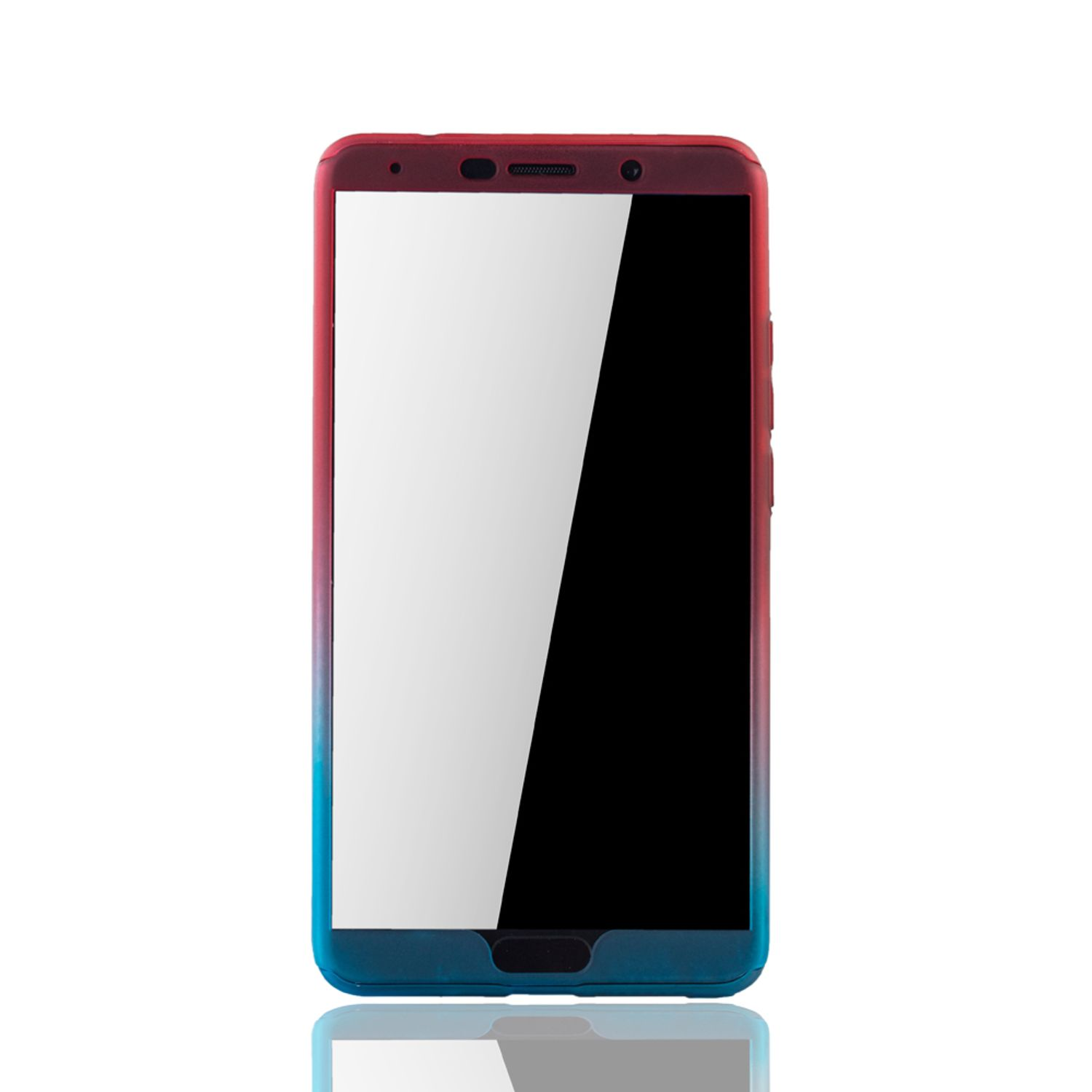Smartphone mit einem Farbverlauf von rot zu blau, der einen hellweißen Bildschirm zeigt.