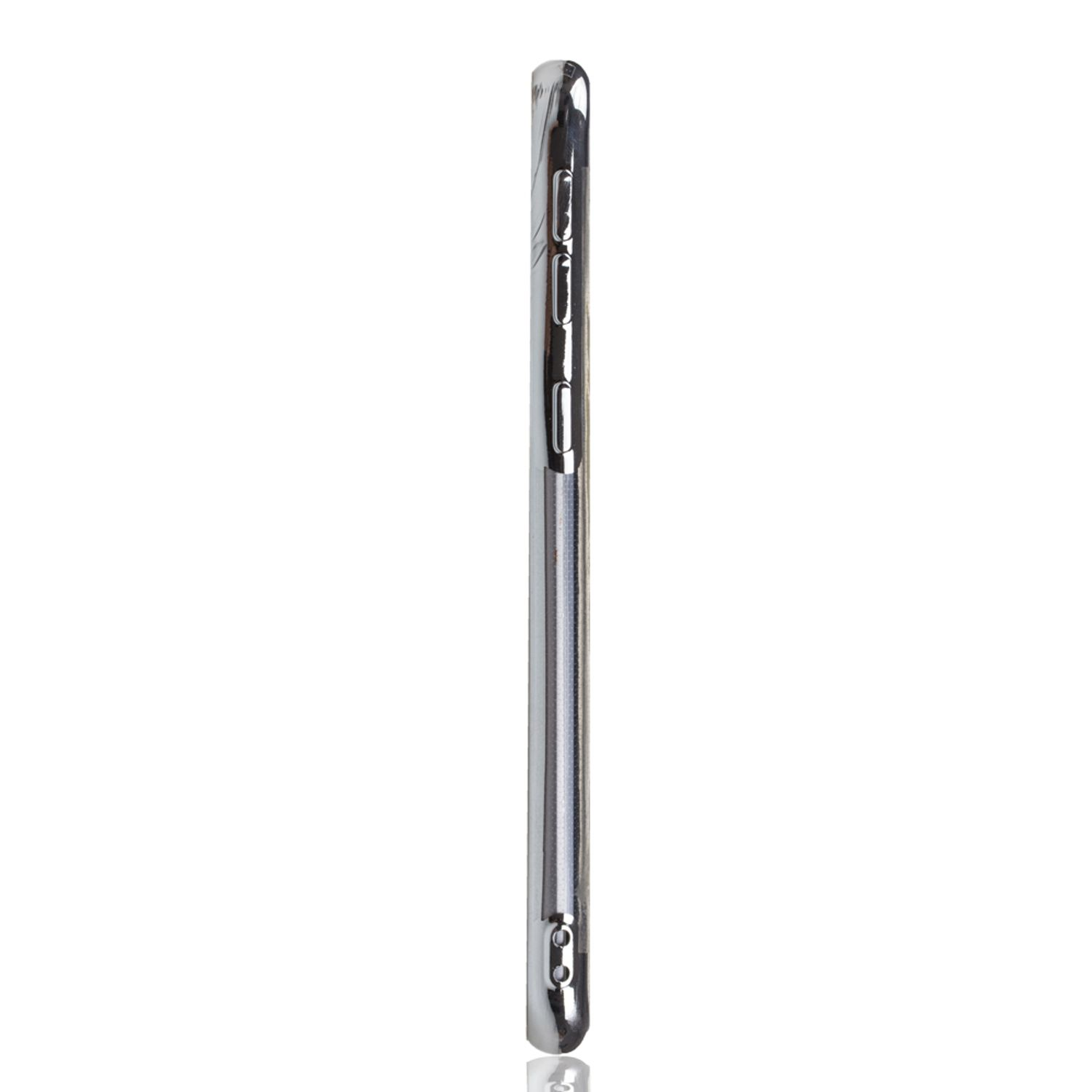 Seitenansicht eines silbernen Telefons. Das Telefon hat eine glänzende Oberfläche.