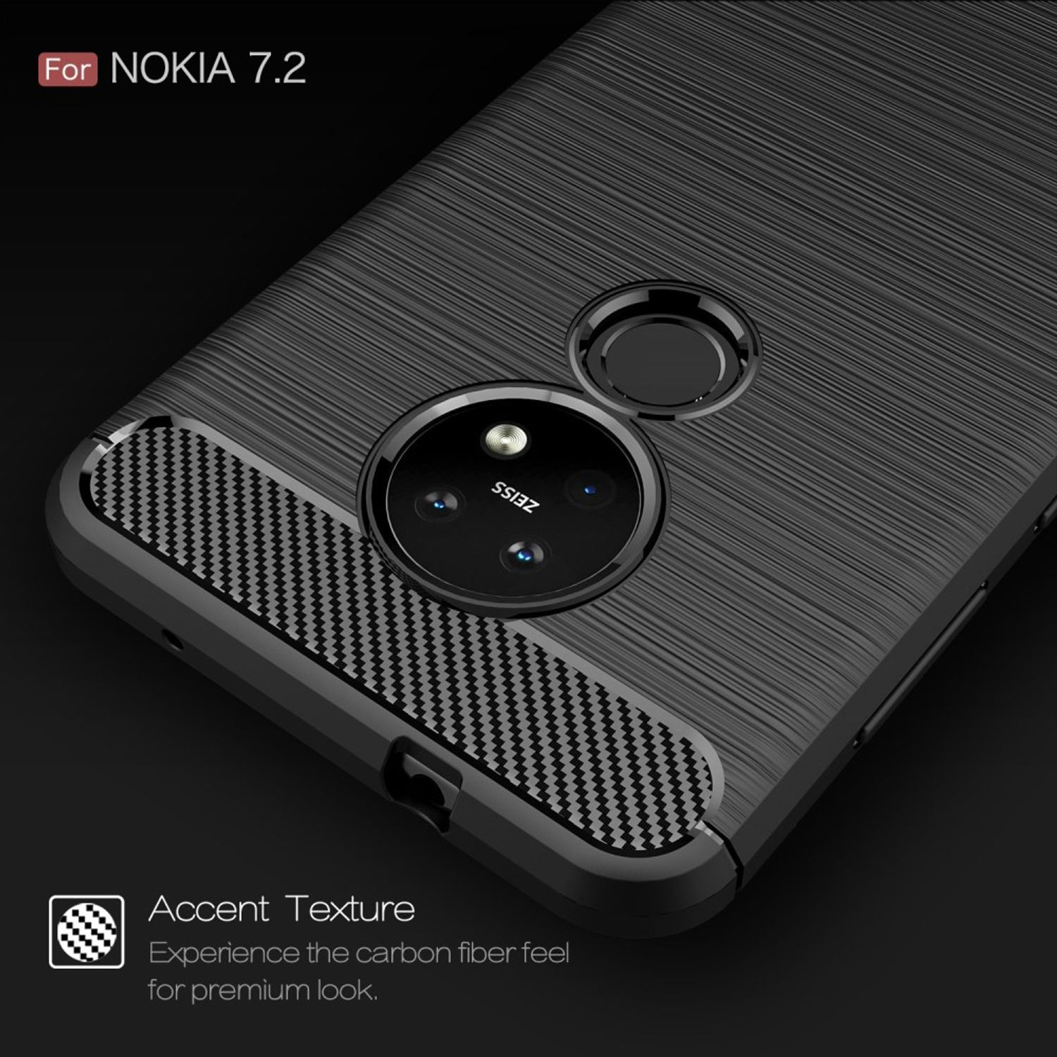 Schwarze Handyhülle mit strukturiertem Muster, entworfen für das Nokia 7.2 Telefonmodell.