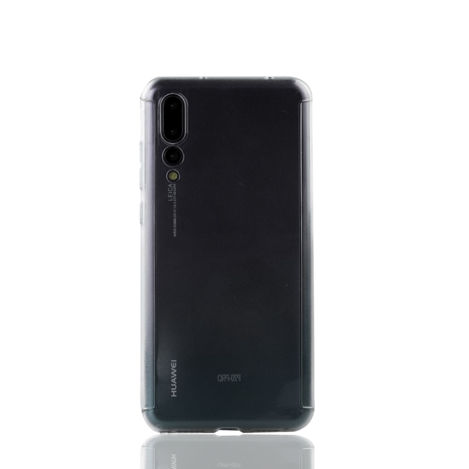 Schwarze Handyhülle mit Telefon. Weißer Hintergrund.