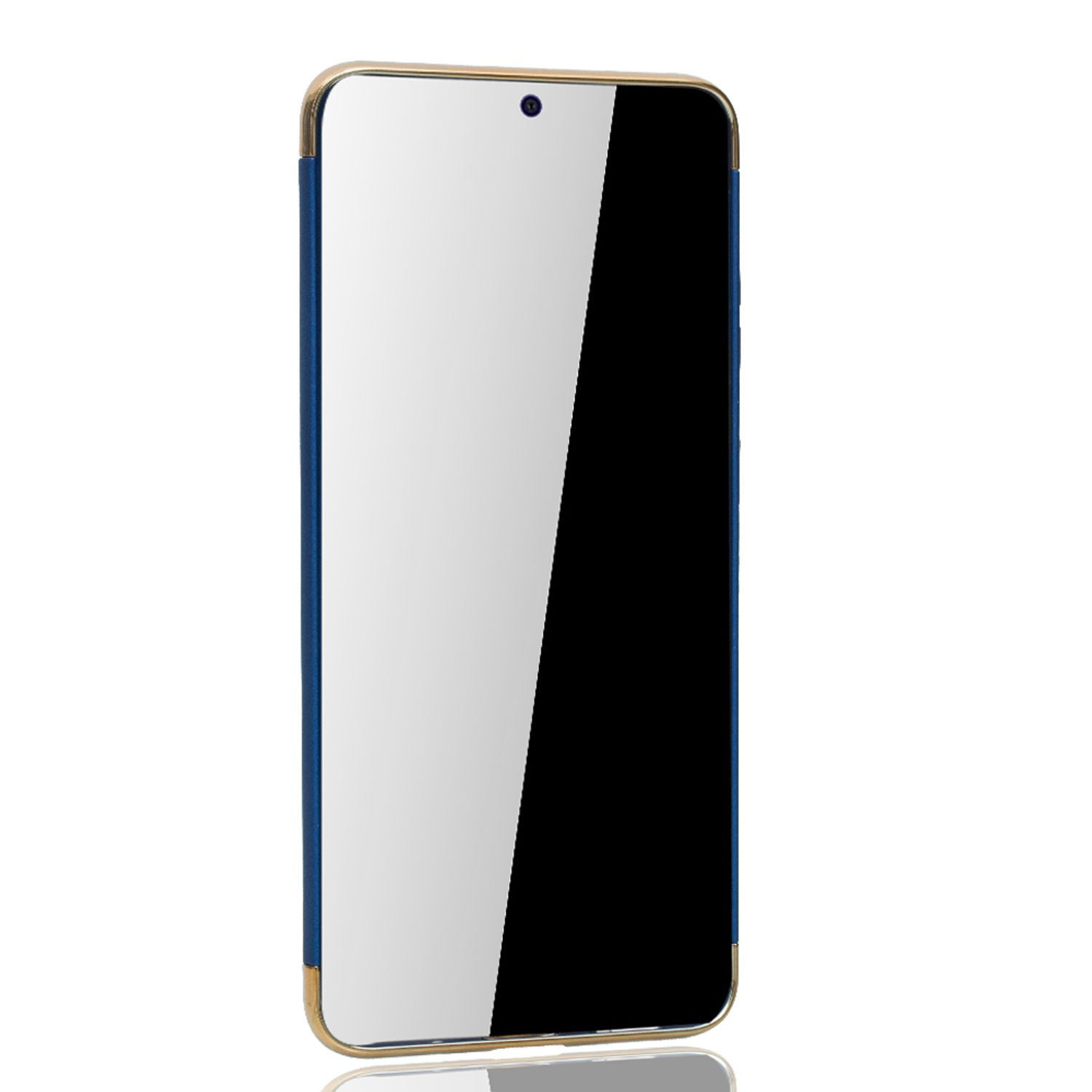 Eine Handyhülle mit blauem und goldenem Rahmen. Das Telefon hat einen schwarzen Bildschirm.