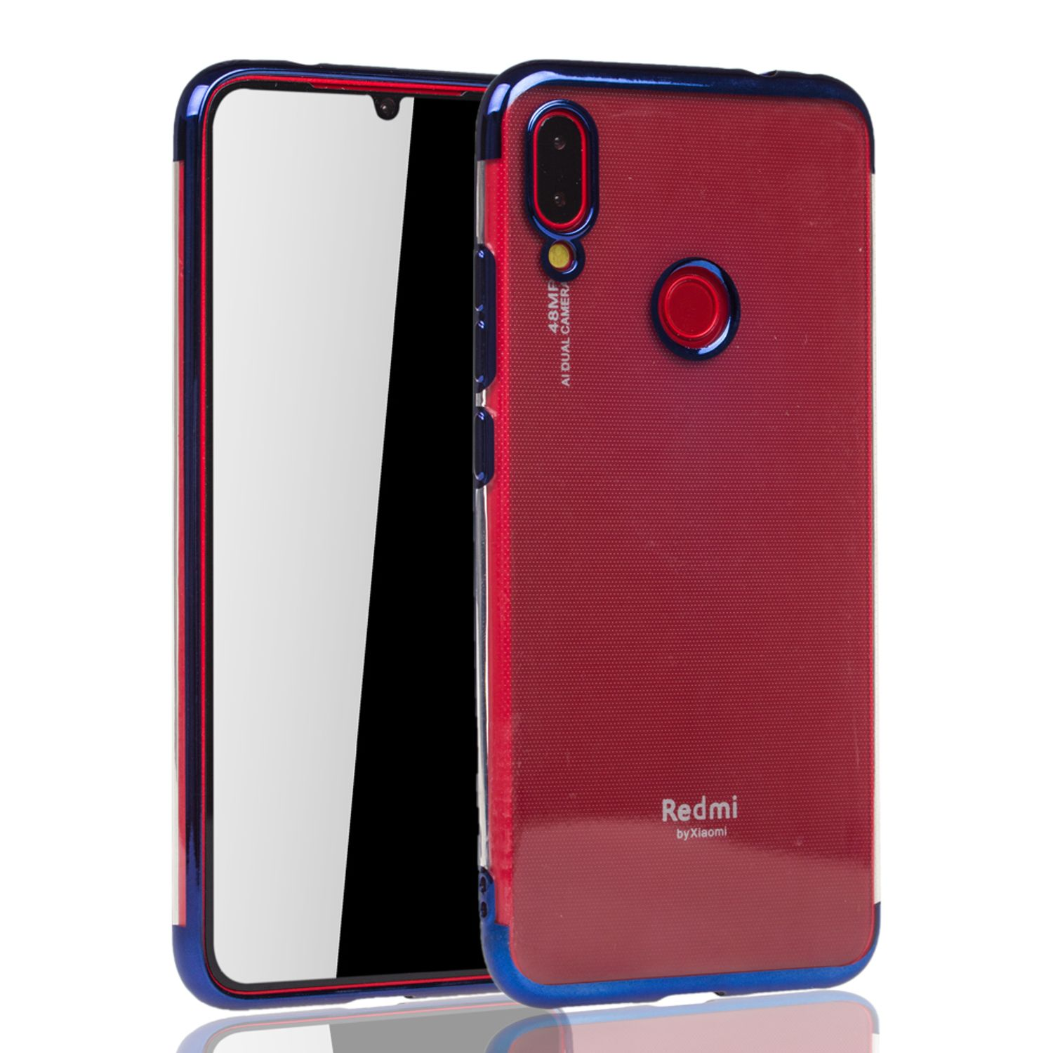 Rote Handyhülle mit blauem Rand und Telefon mit weißem Bildschirm, auf weißem Hintergrund.