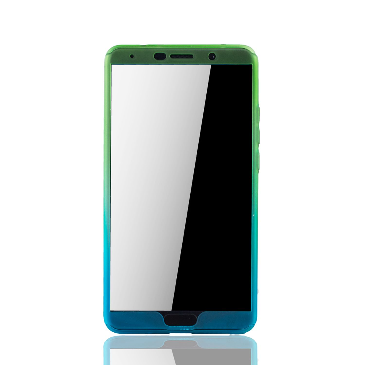 Telefon in einem blau, grün und rosa Farbverlauf Gehäuse. Weißer Bildschirm. Weißer Hintergrund.