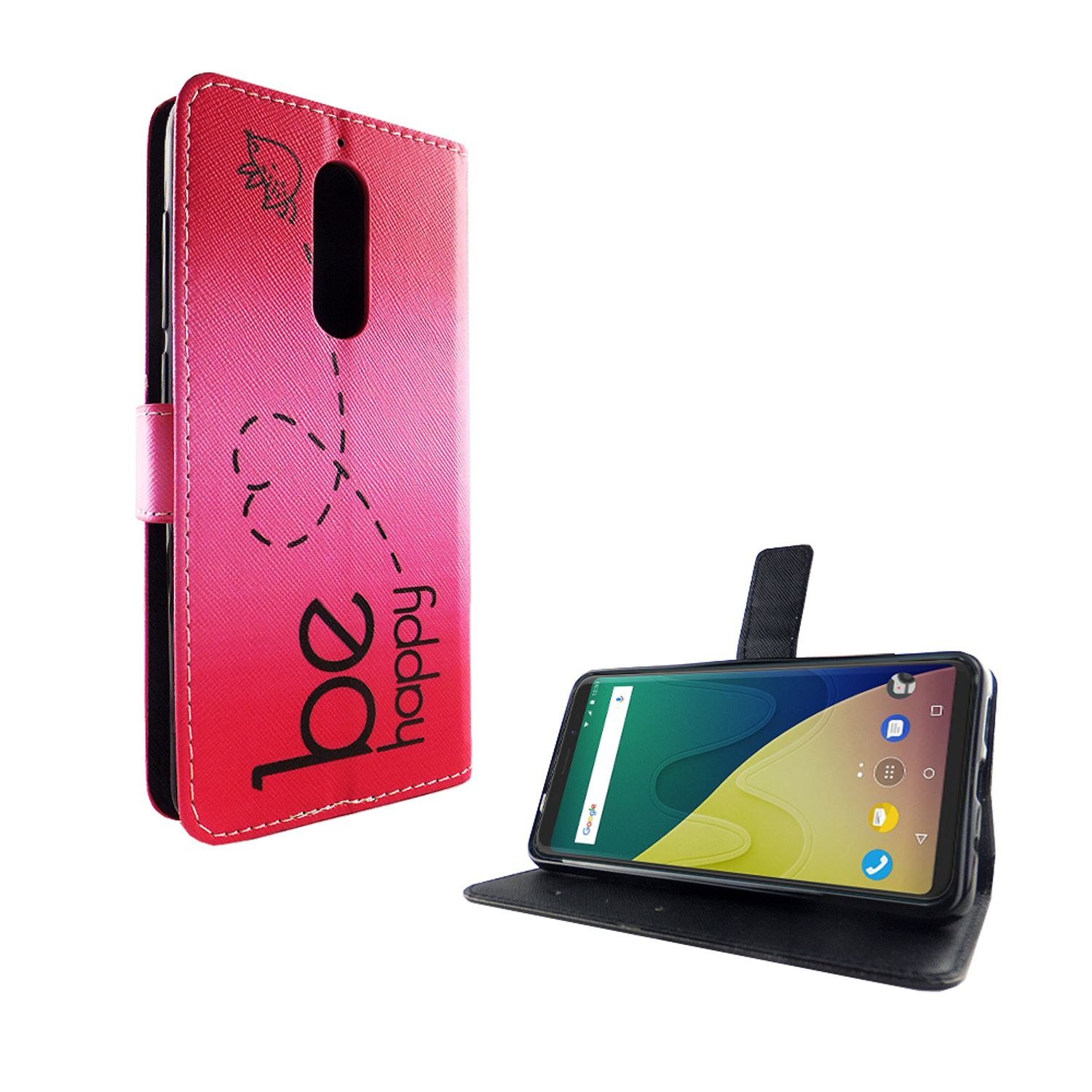 Rot-rosa Handyhülle, offen, mit Telefon, das eine Oberfläche anzeigt.