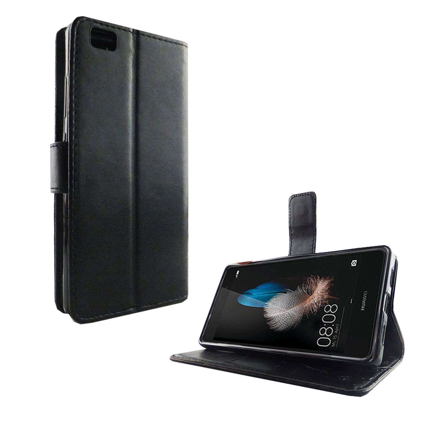 Schwarzes Telefon mit schwarzer Lederhülle, offen und aufgestellt. Zeigt Zeit und Datum.