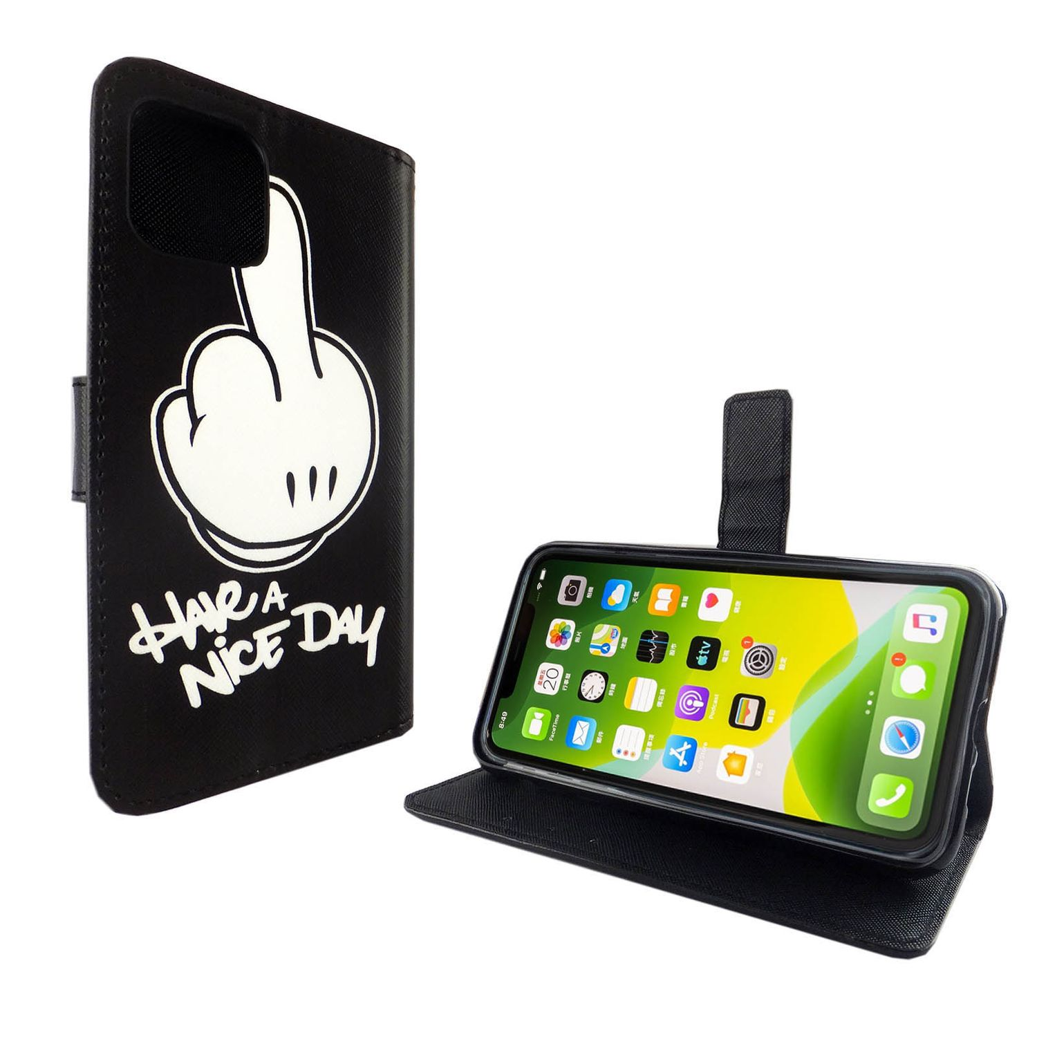 Schwarze Handyhülle mit weißem Design. Telefon ist offen, zeigt Symbole. Text: Have a Nice Day.