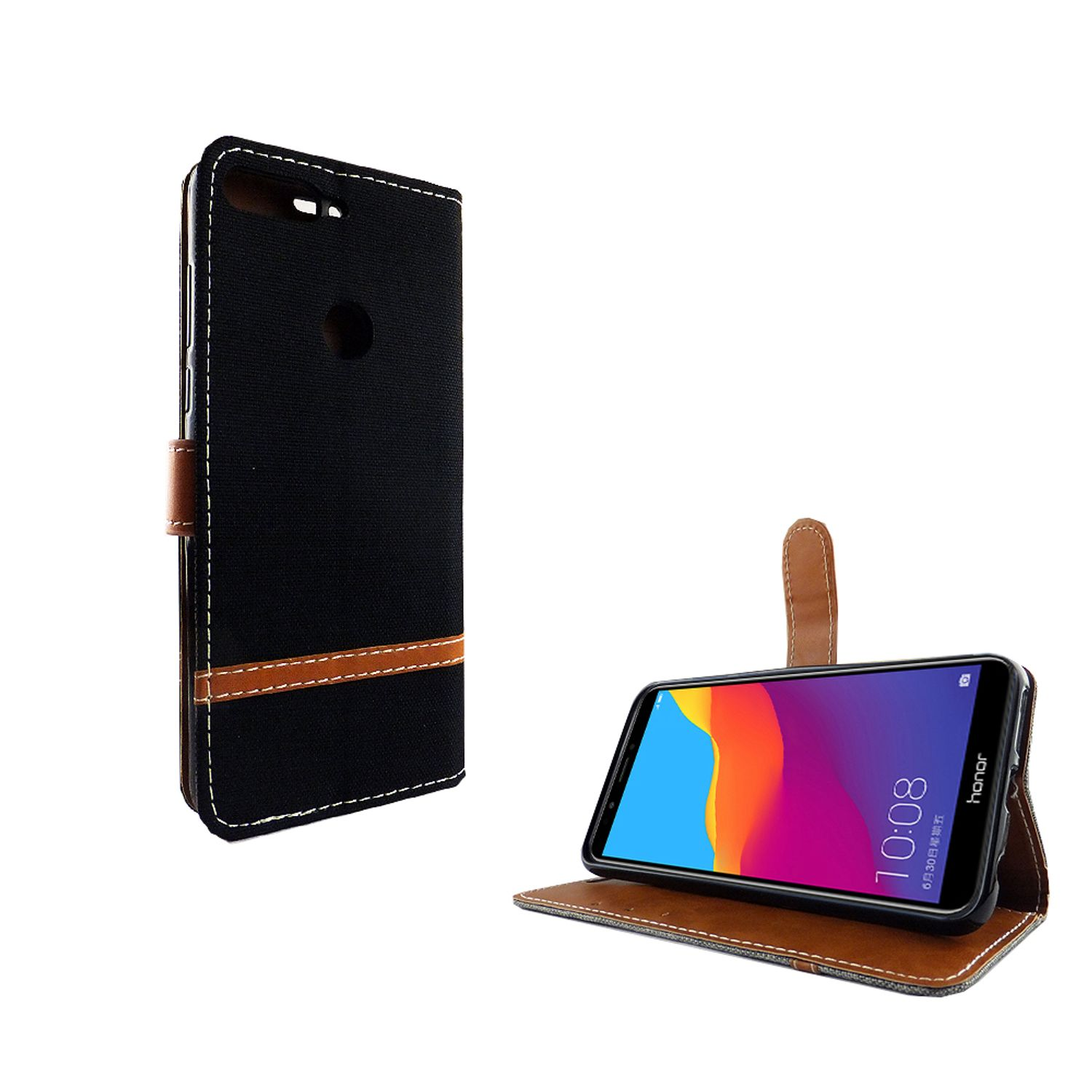 Schwarze Handyhülle mit braunen Akzenten, ein Telefon zeigt ein farbenfrohes Bild.