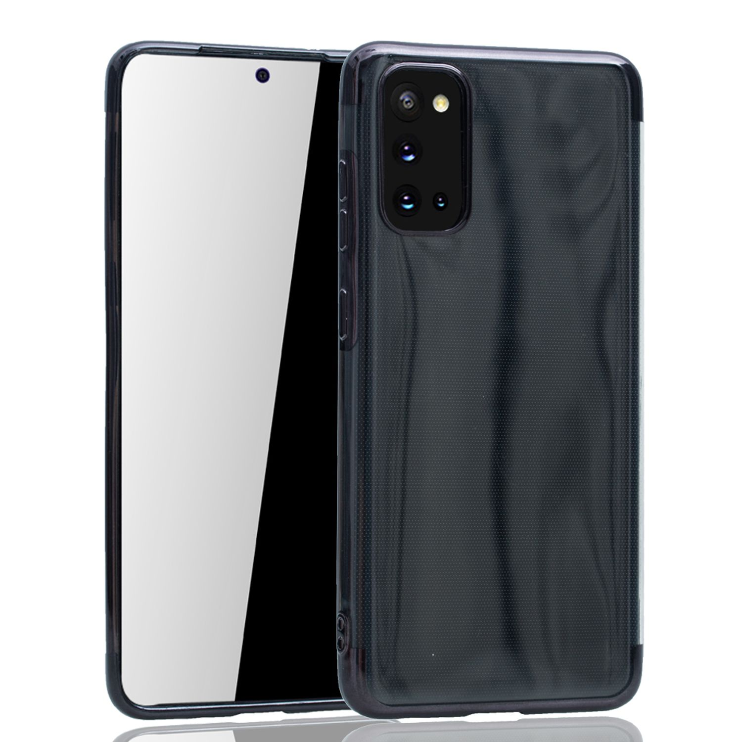 Telefon in dunkler Hülle mit Displayschutz, auf weißem Hintergrund.