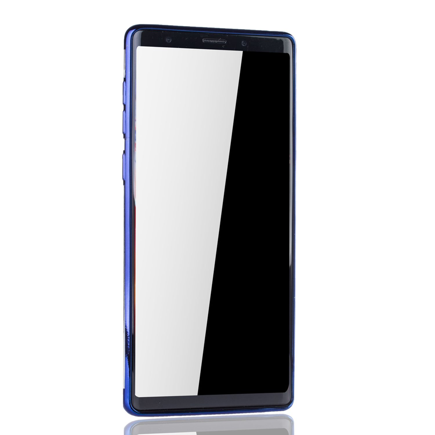 Blaue Handyhülle mit schwarzem Bildschirm. Weißer Hintergrund, Telefon steht aufrecht.