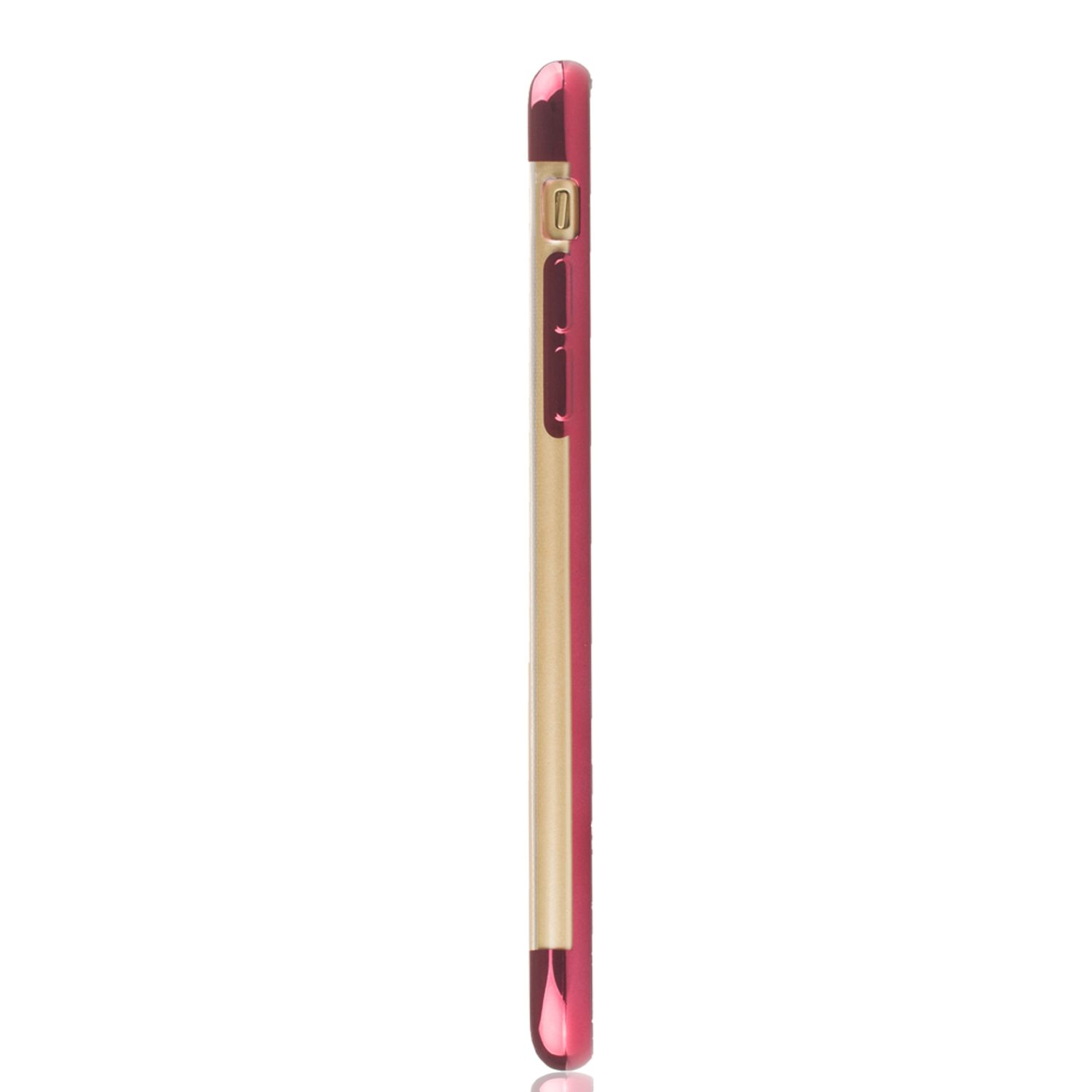 Seitenansicht einer Handyhülle. Die Hülle ist rosa mit goldenem Rahmen. Weißer Hintergrund.