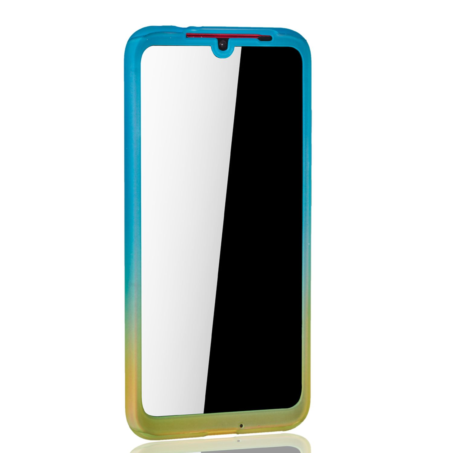 Blau-gelbe Handyhülle mit Telefon. Der Bildschirm ist schwarz.
