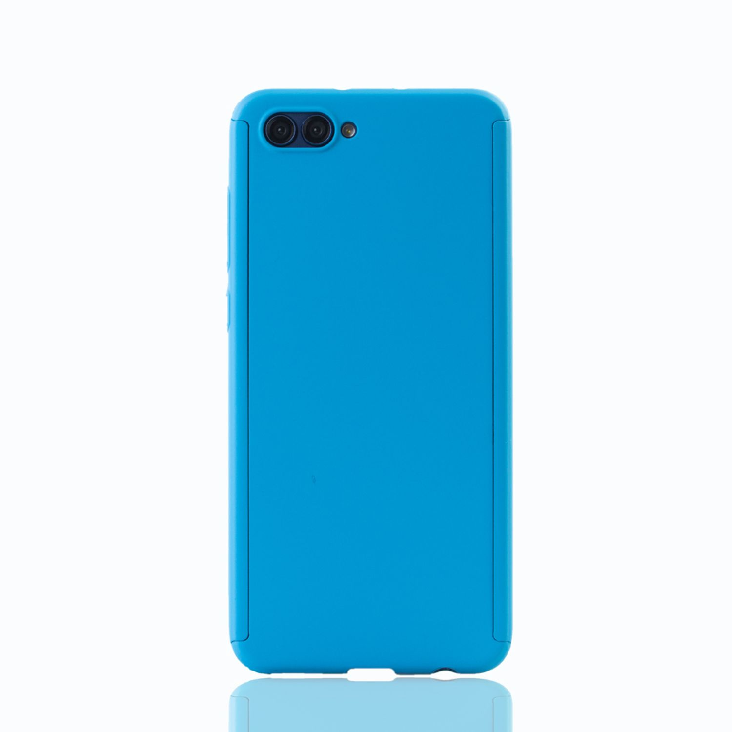 Eine hellblaue Handyhülle mit Ausschnitten für zwei Kameras. Die Hülle ist glatt und reflektiert Licht.