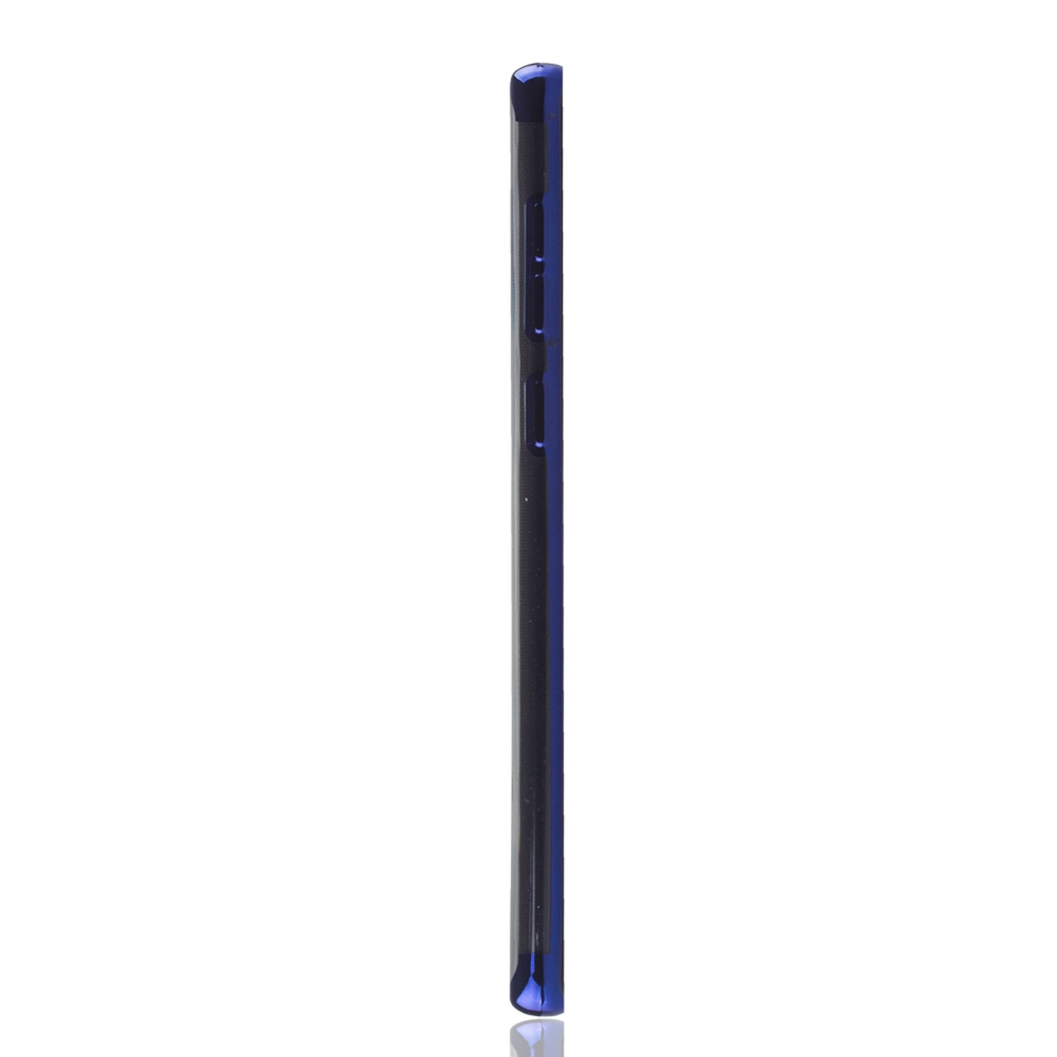 Dunkelblaue Telefonseitenansicht, Tasten und abgerundete Kanten. Weißer Hintergrund.