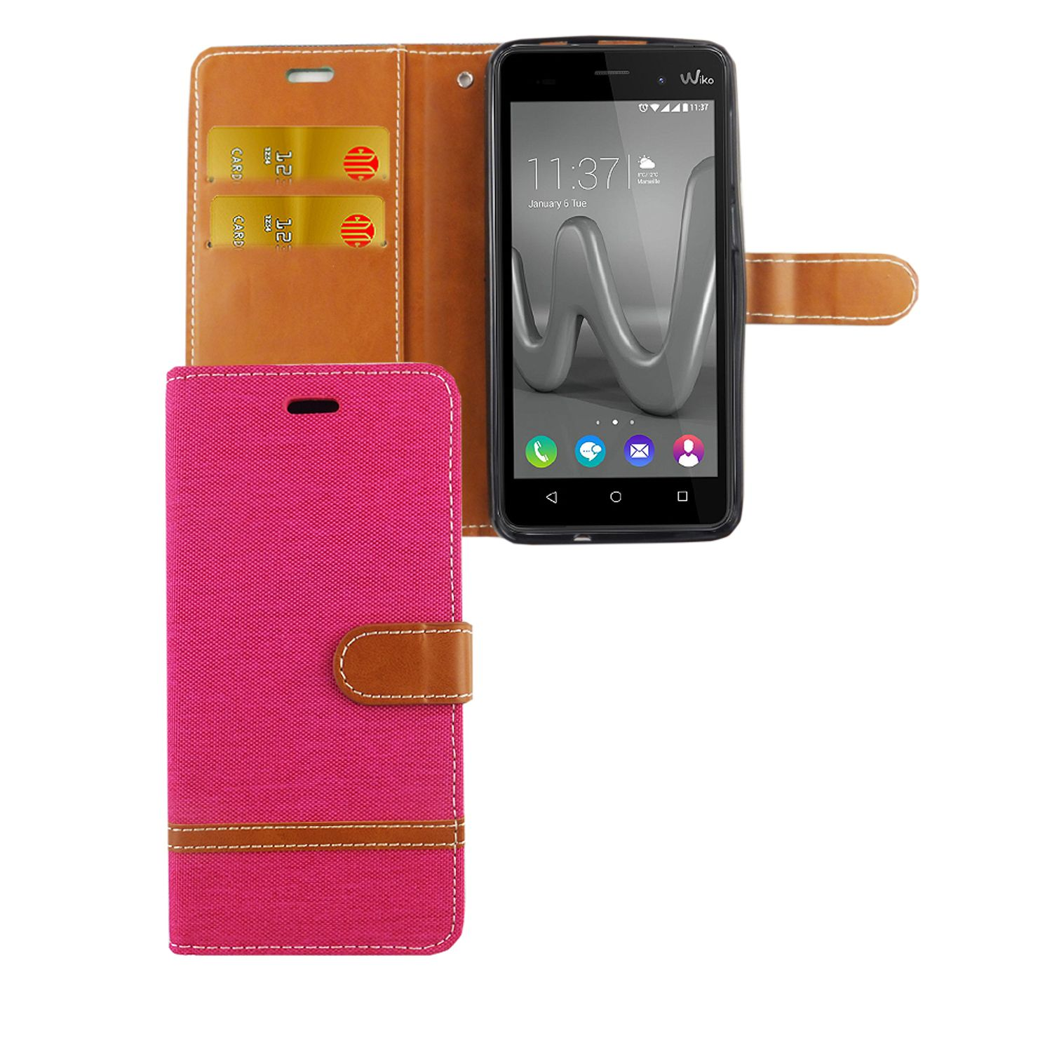 Eine pinke Handyhülle mit Telefon, offen und geschlossen, vor weißem Hintergrund.