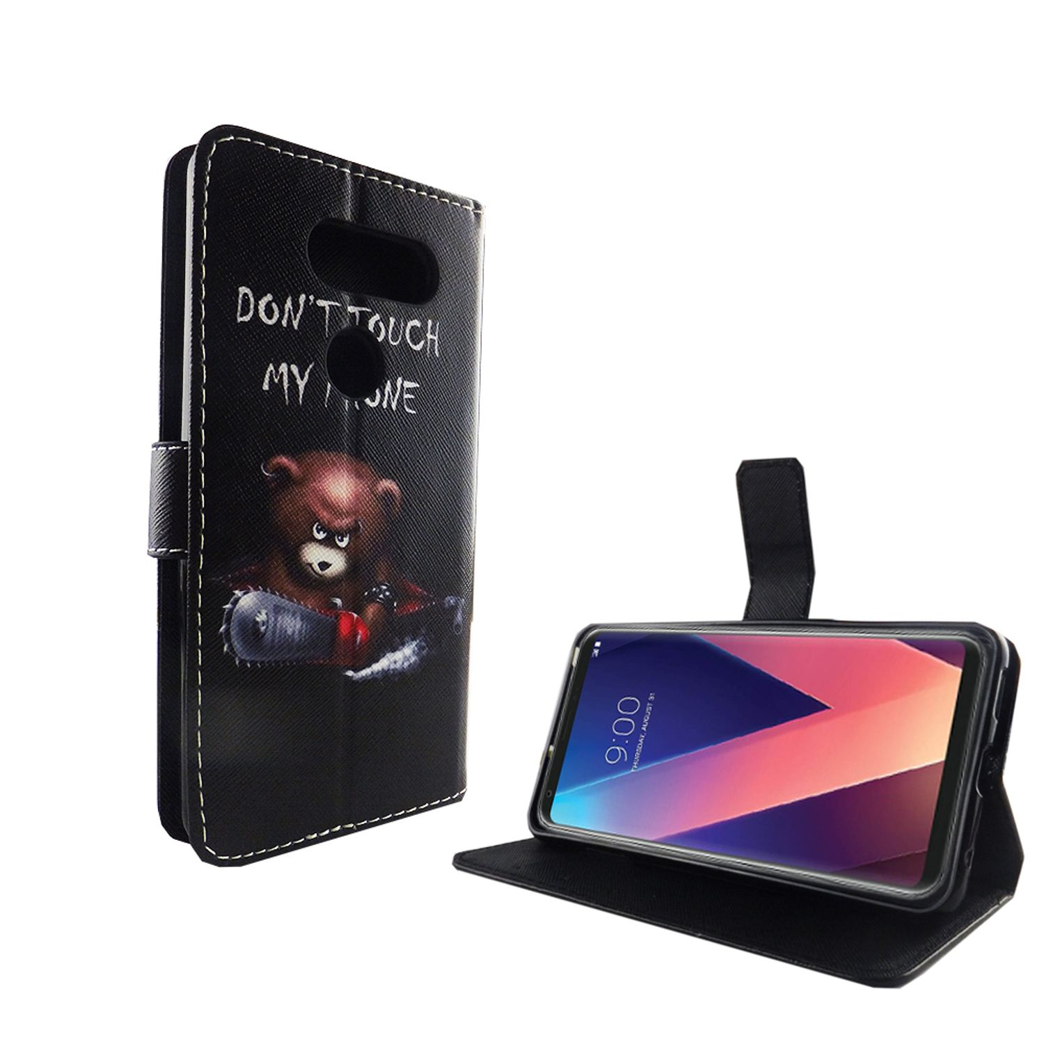 Schwarze Handyhülle mit Bär, der eine Kettensäge hält. Text: 'DON'T TOUCH MY PHONE'.