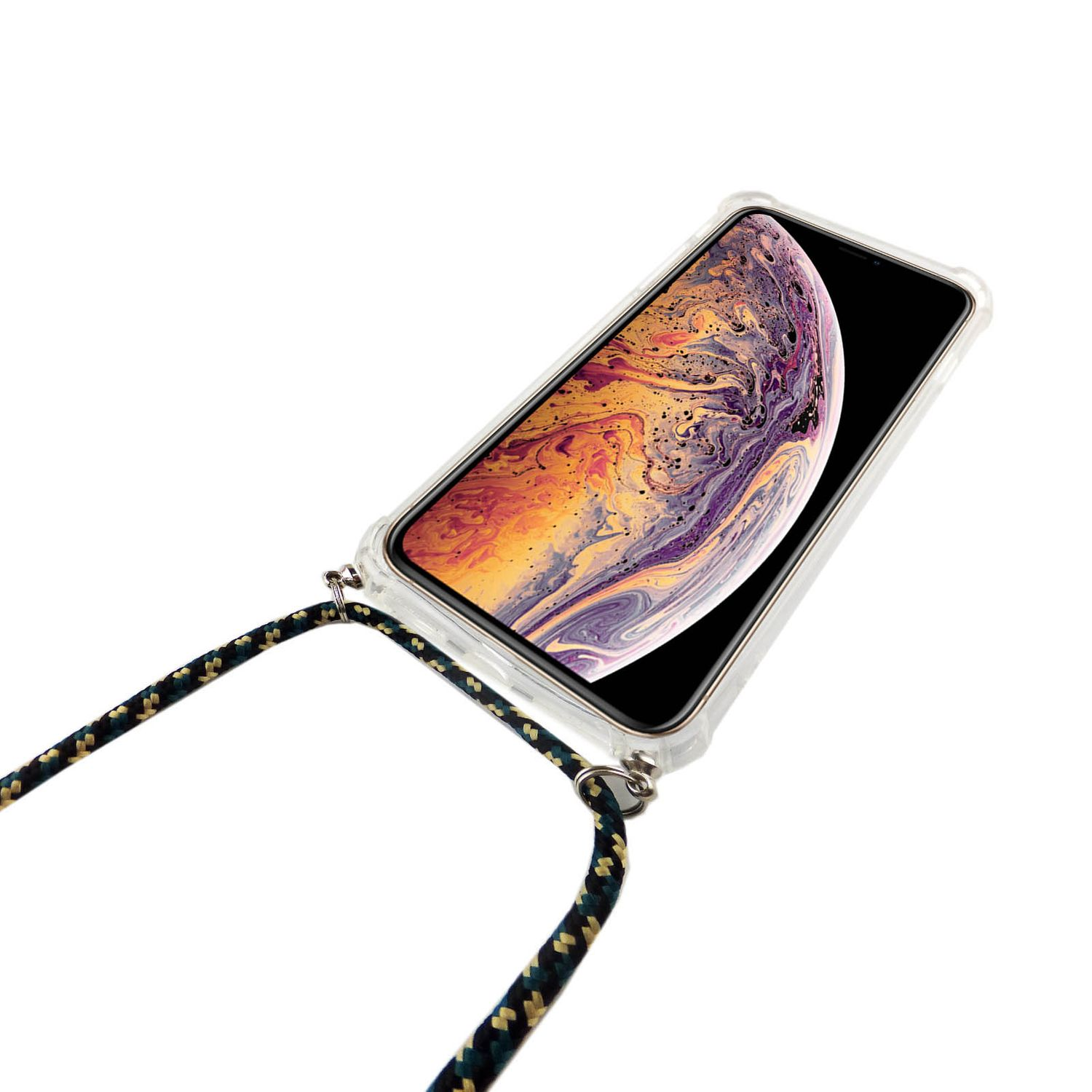 Ein Telefon mit farbenfrohem Bildschirm in einer transparenten Hülle mit einem Schlüsselband.