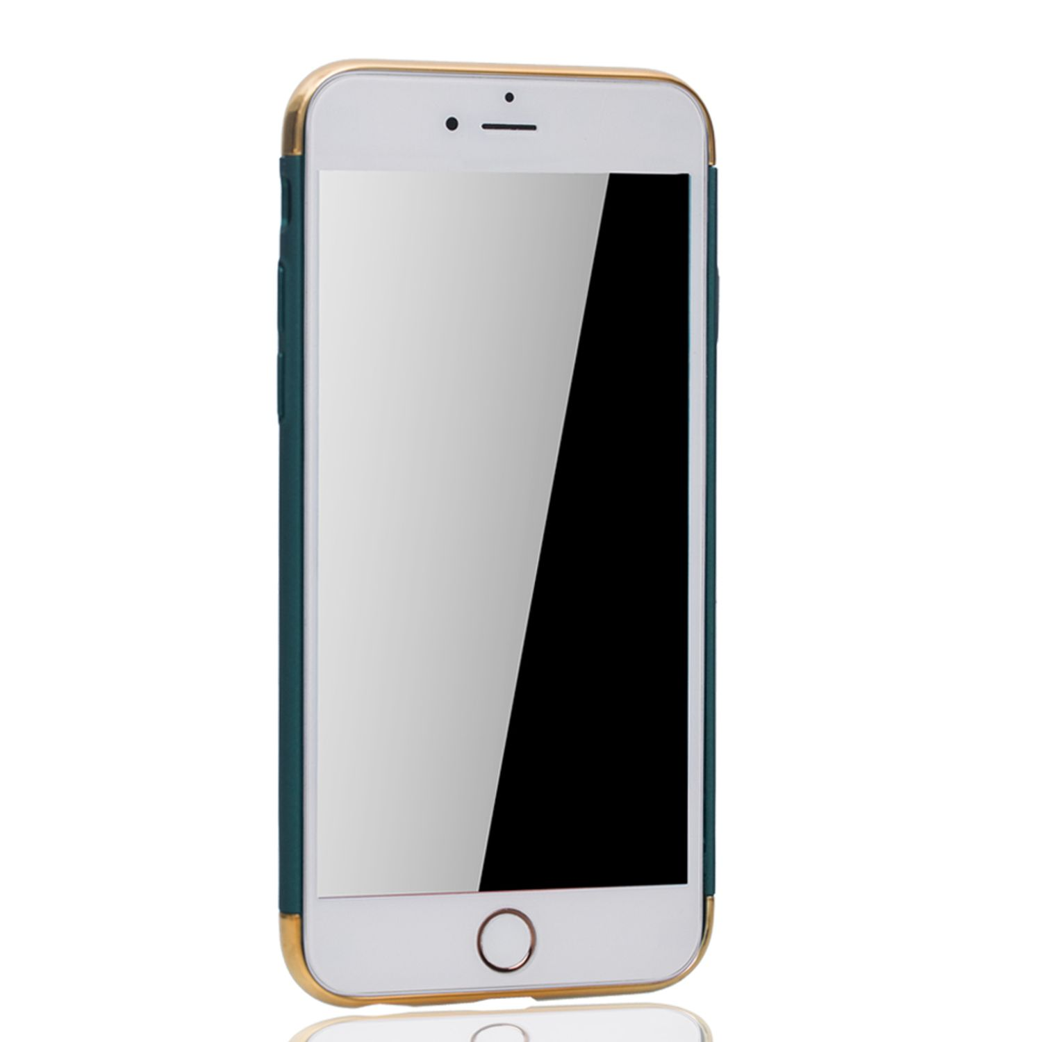Weißes Telefon mit goldener Hülle. Weißer Hintergrund.