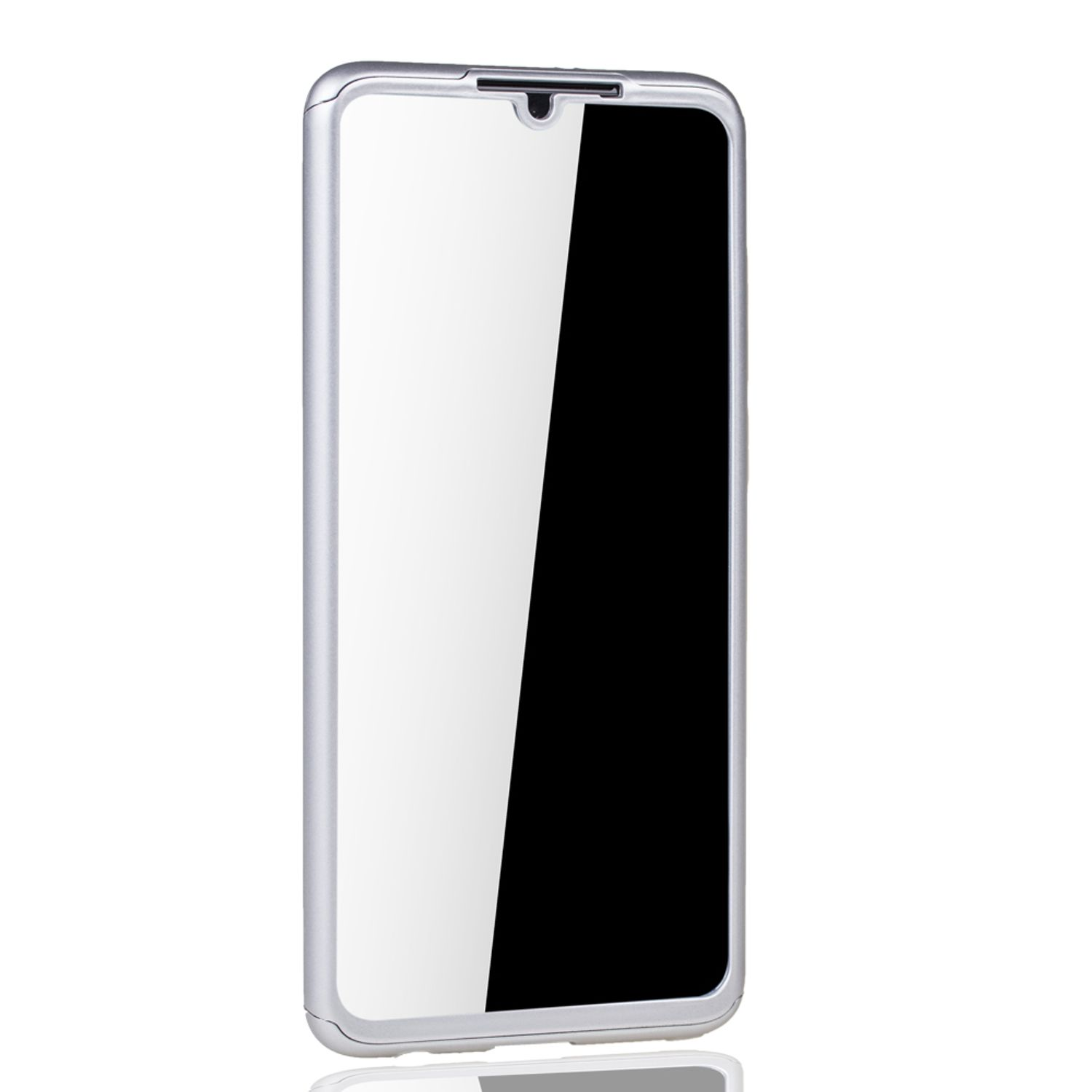 Ein Telefon mit Displayschutz. Es ist silberfarben und hat einen schwarzen Bildschirm. Weißer Hintergrund.